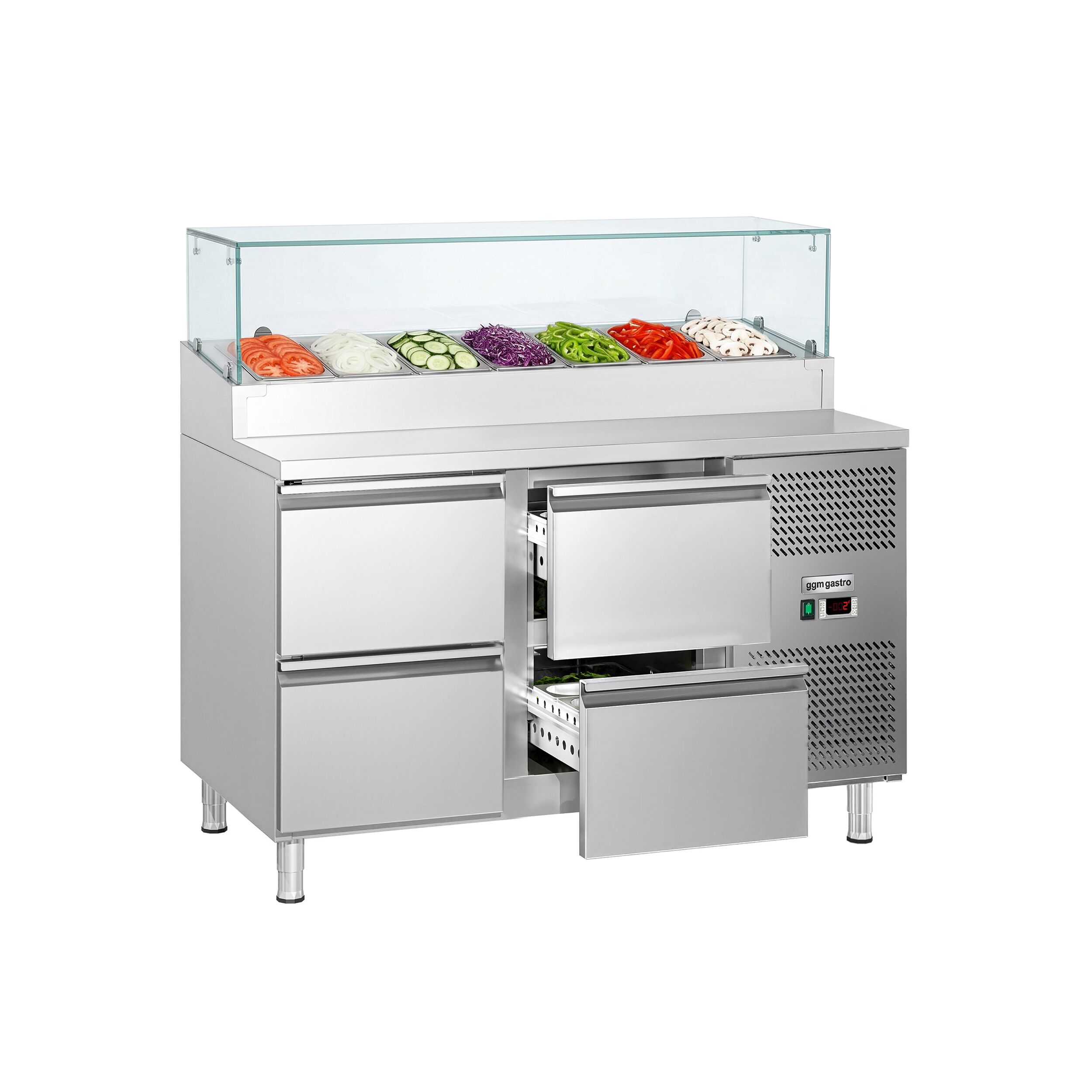 Zubereitungstisch ECO - 1360mm - 4 Schubladen - mit Glasaufsatz - für 7x GN 1/3