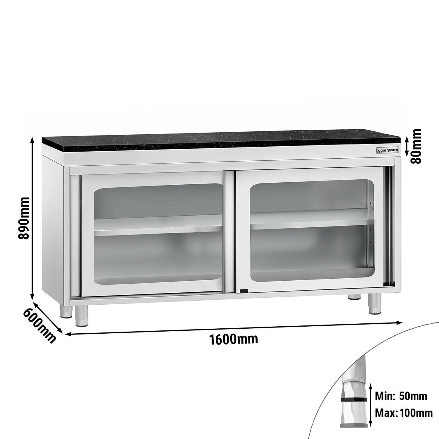 Roestvrijstalen werkkast PREMIUM - 1600 x 600 mm - met glazen schuifdeur - incl. granieten werkblad