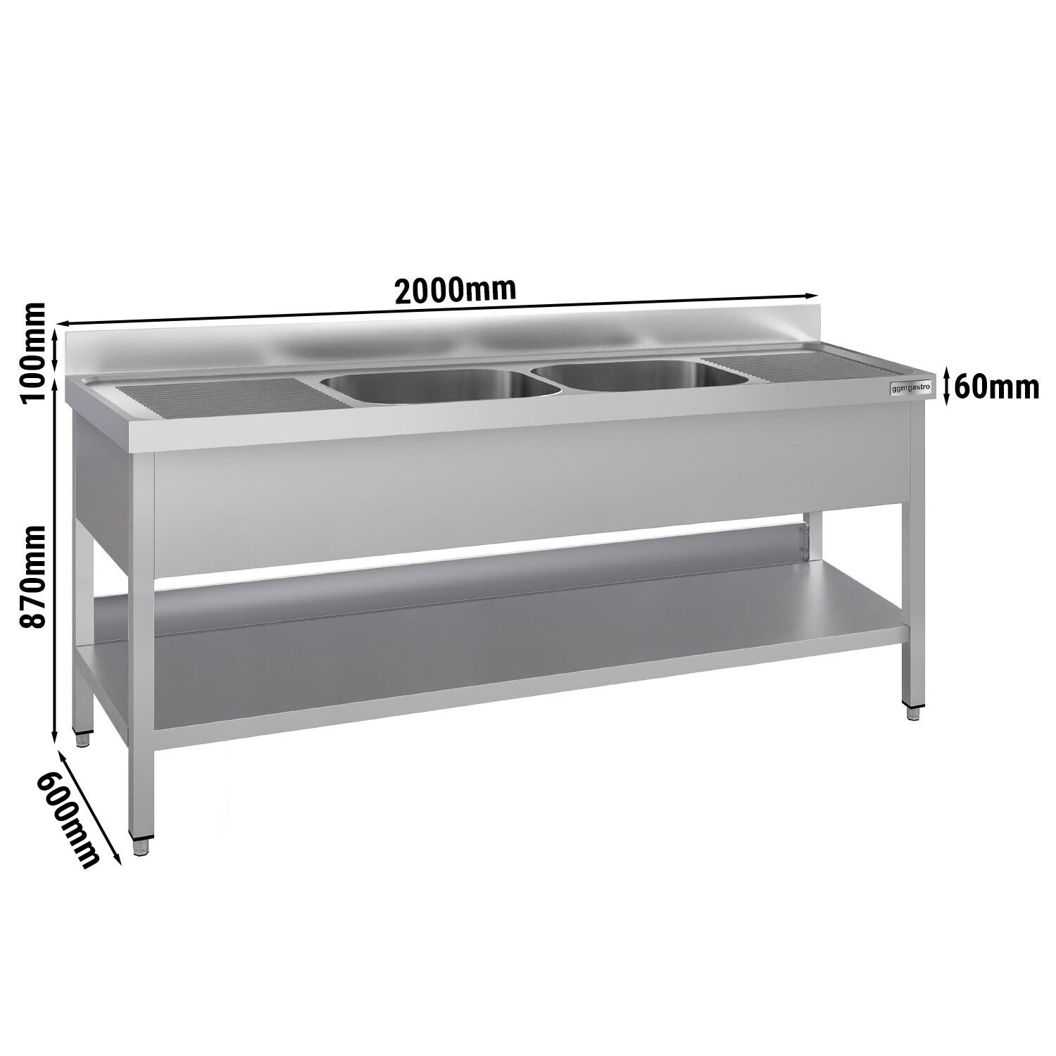 Plonge en inox ECO - 2000x600mm - avec étagère basse - 2 bacs au centre