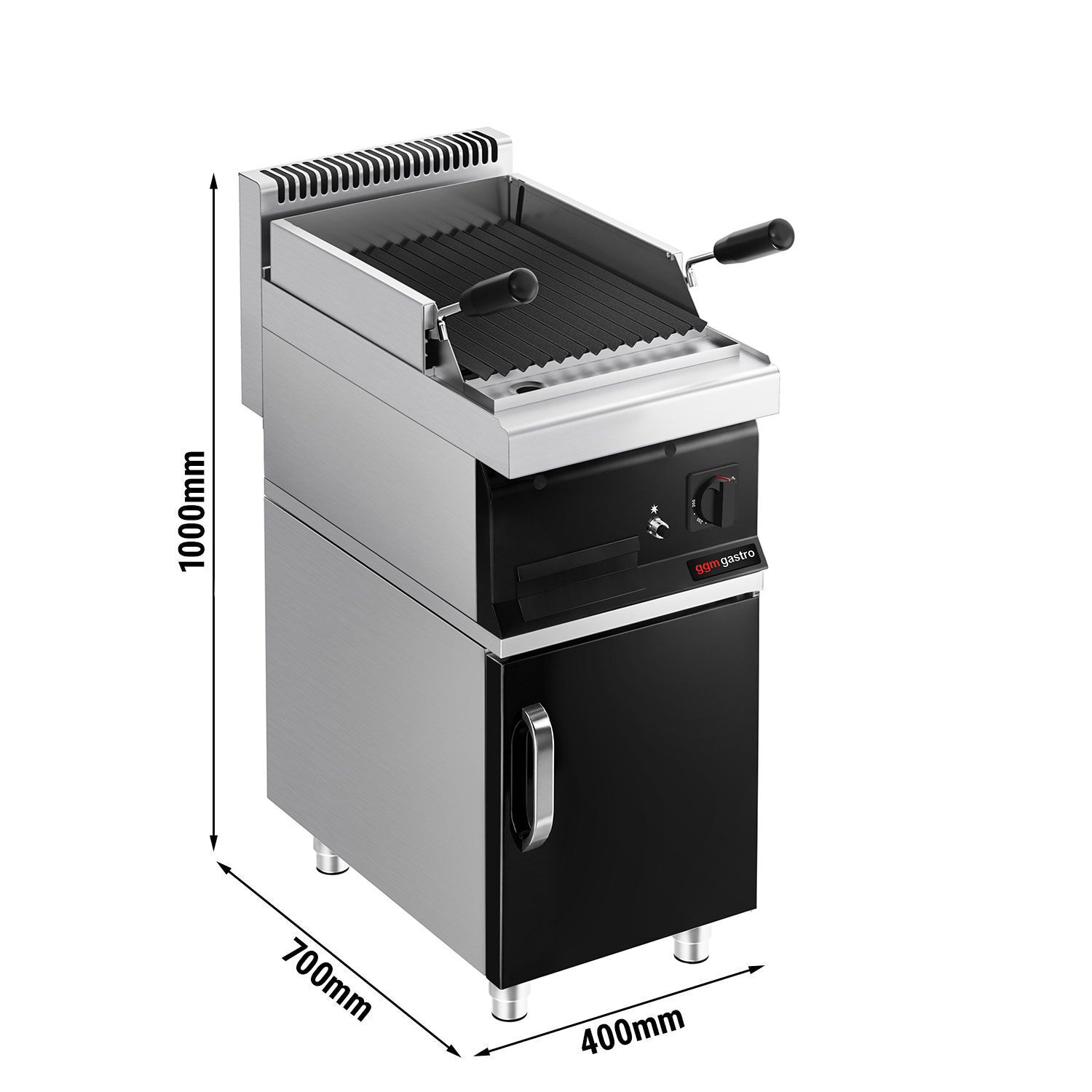 Commercial Gas Lava Rock Chargrill Mario 700 - 400mm - Freestanding - with Cabinet Base - 700mm Deep - Tilting Grill Grid - Black-front Fascia - incl. cabinet base - 1 Door