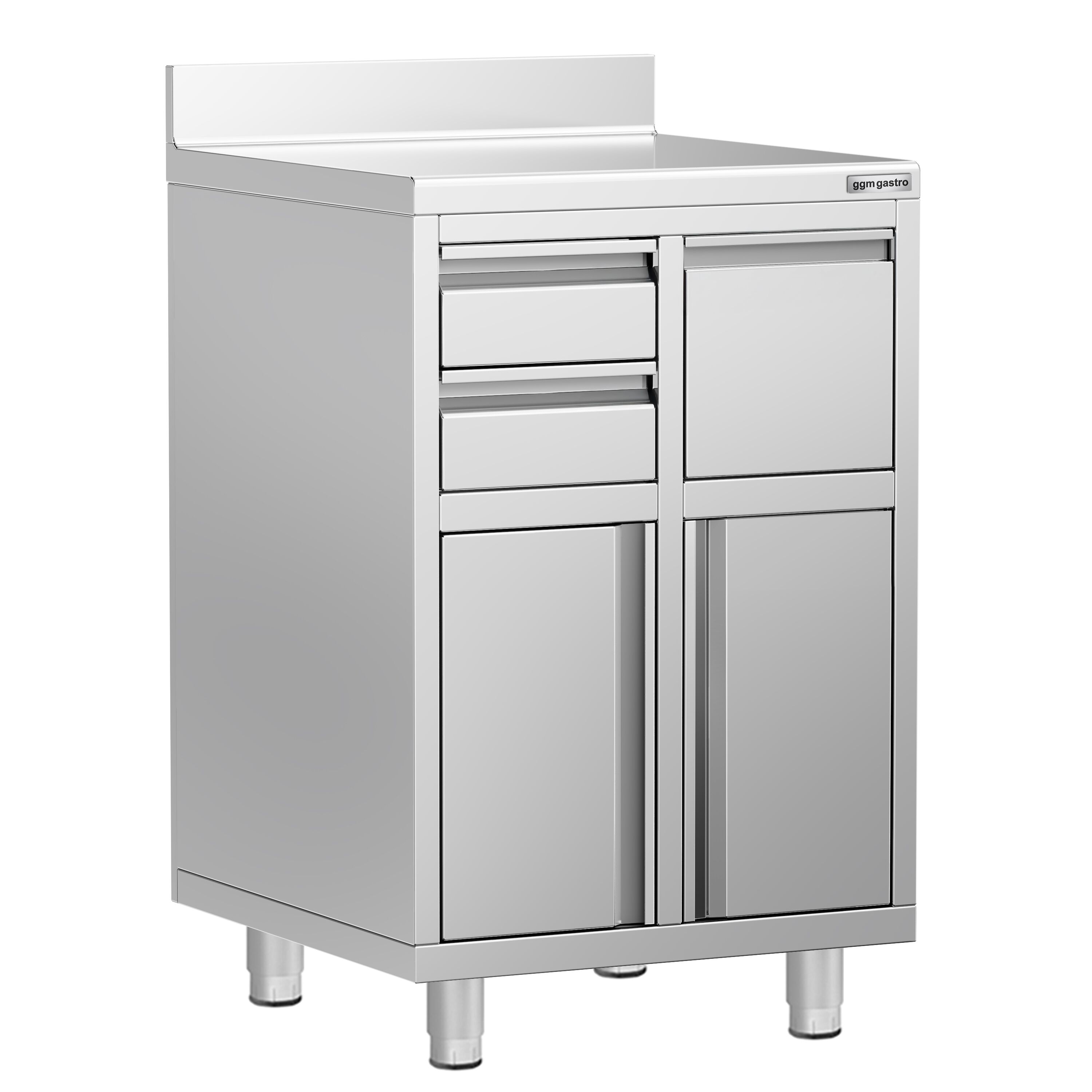 Armoire de travail pour machine à café filtre - 600x600mm - avec dosseret - 2 tiroirs, 1 porte battante, 1 tiroir à marc de café