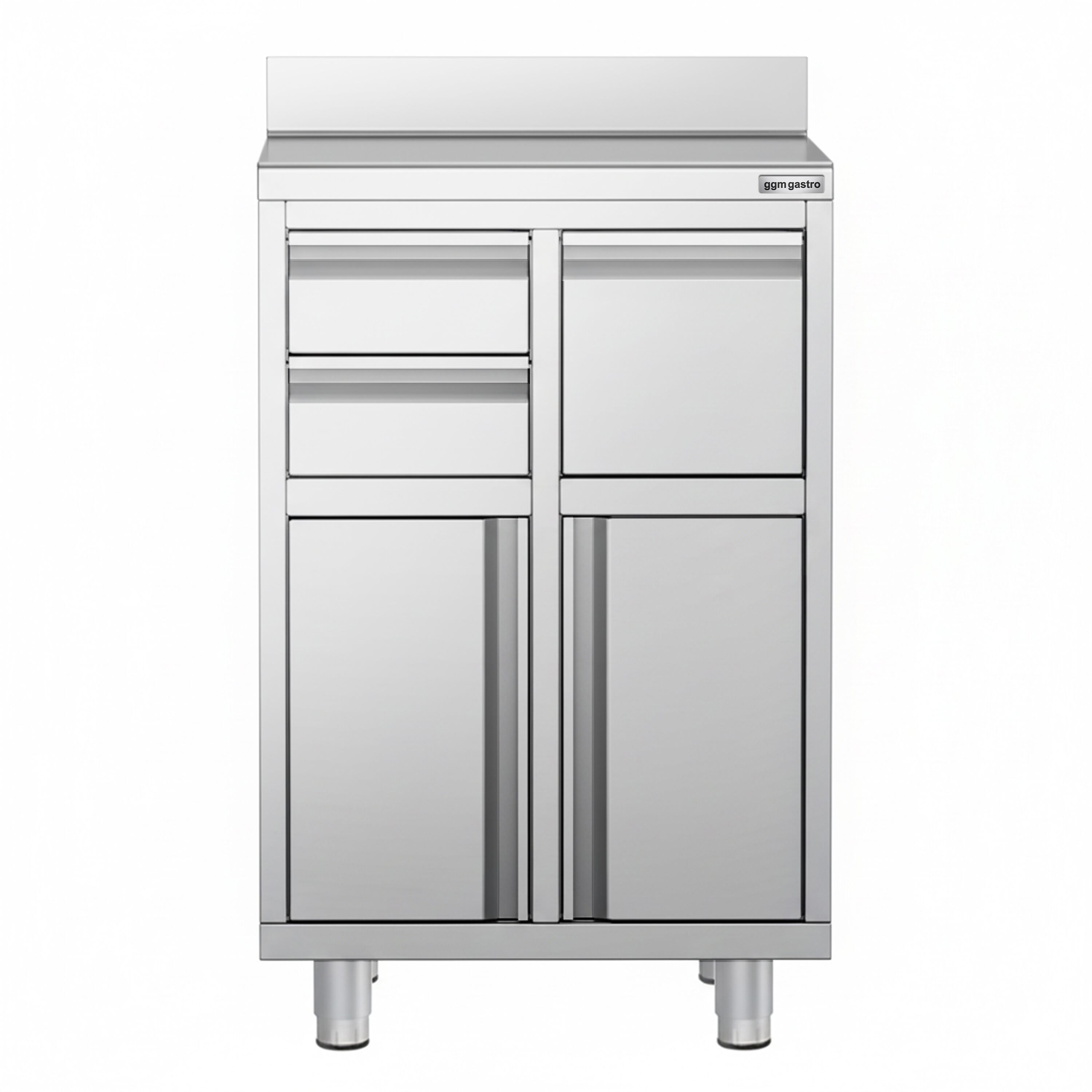 Armoire de travail pour machine à café filtre - 600x600mm - avec dosseret - 2 tiroirs, 1 porte battante, 1 tiroir à marc de café
