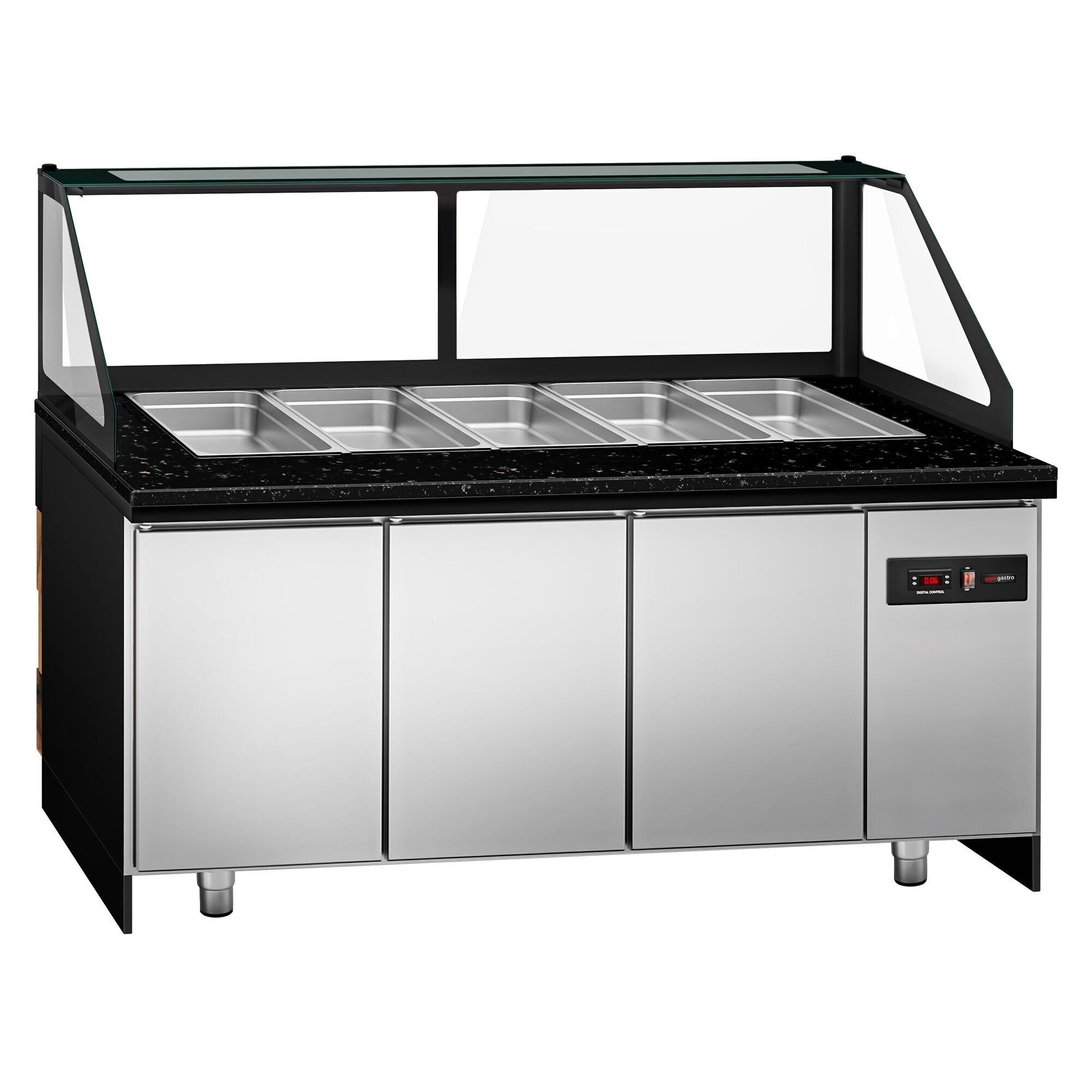 Saladette réfrigérée - 2000mm - façade décor bois bois naturel - 3 portes - avec vitrine de comptoir pour 5x GN 1/1 & 1 étagère - plan de travail en granit noir