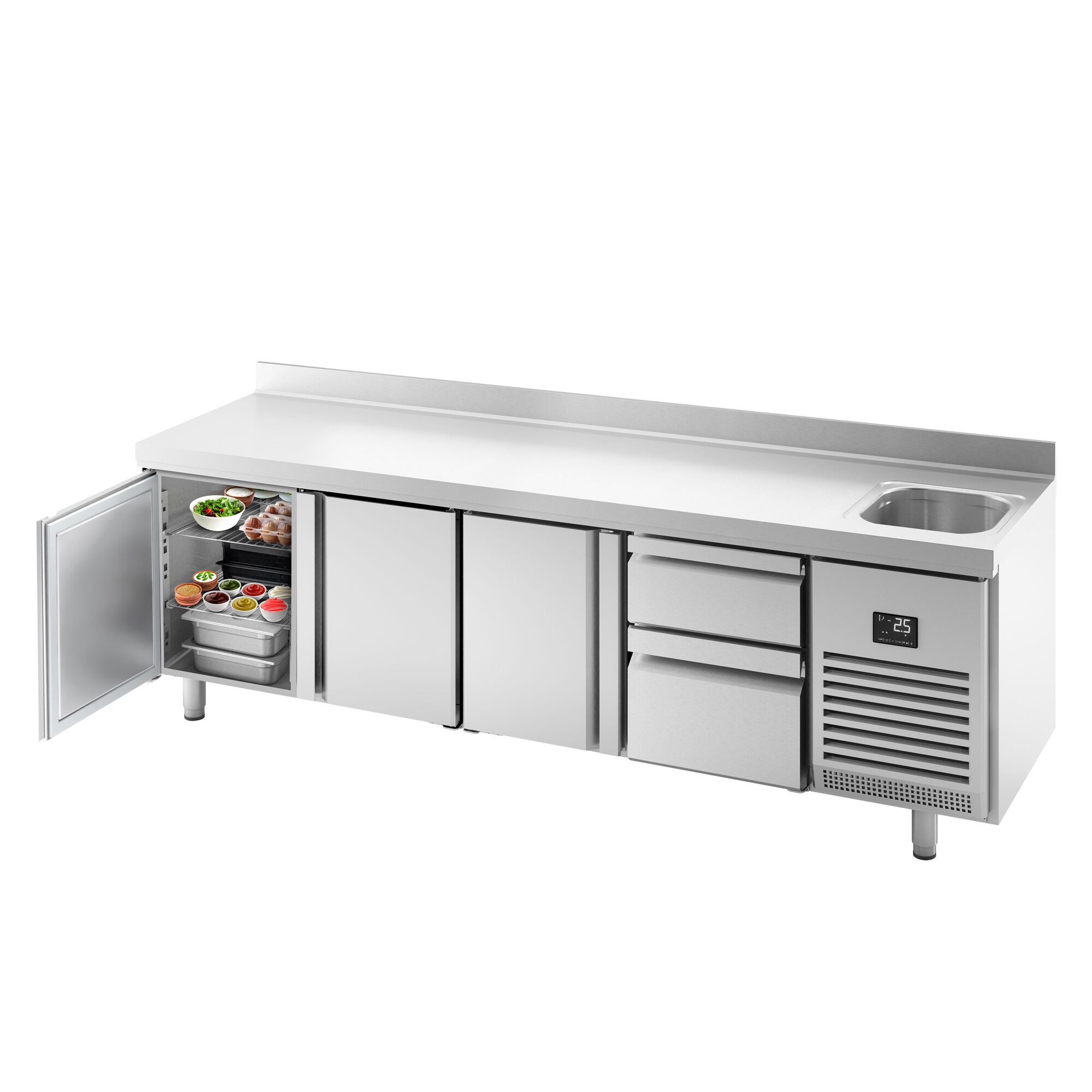 Table réfrigérée Premium PLUS - 2452 x 600 mm - avec 1 bac, 3 portes - 2 tiroirs - dosseret
