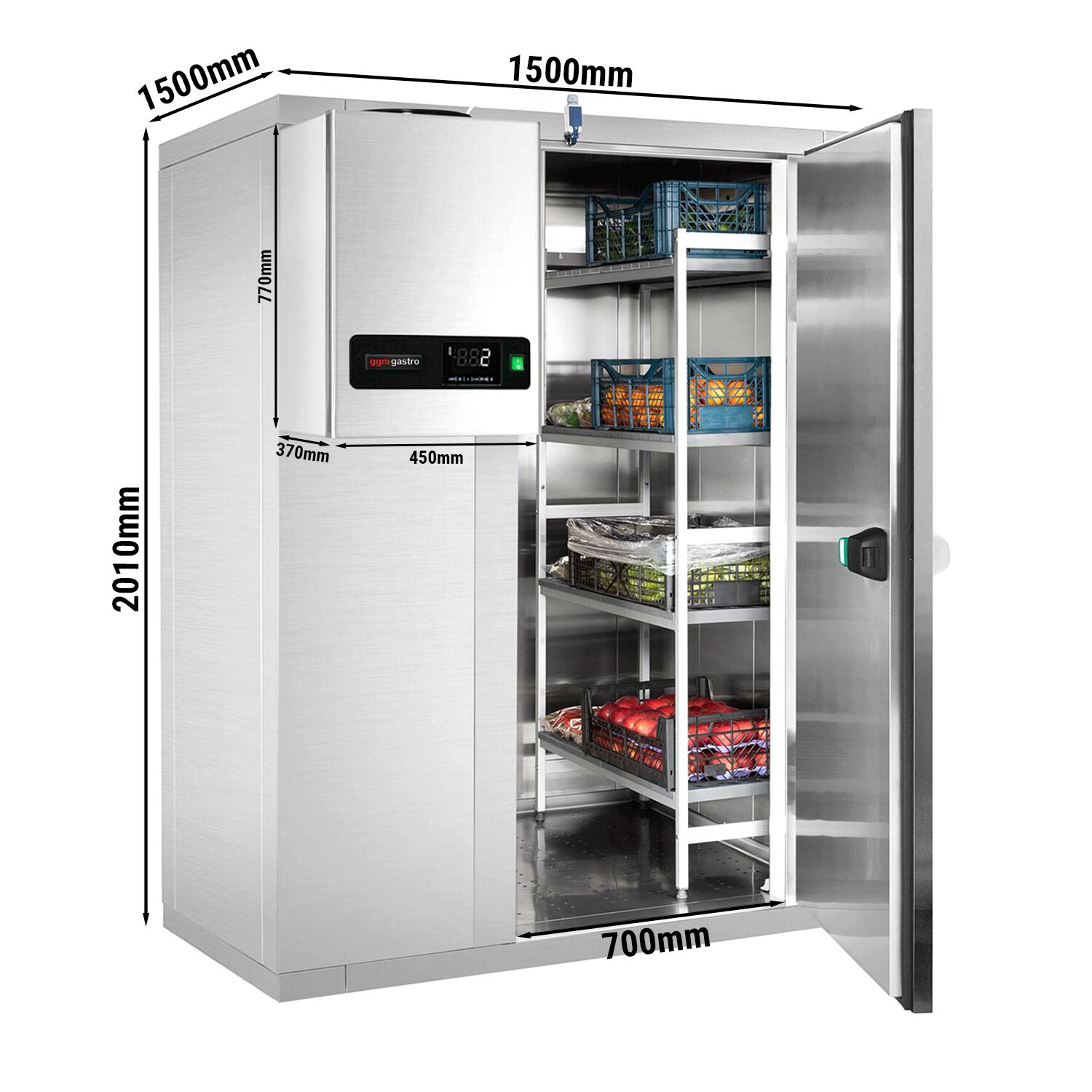 Chambre froide en inox - 1500 x 1500 mm - 3,5 m³ - groupe frigorifique inclus
