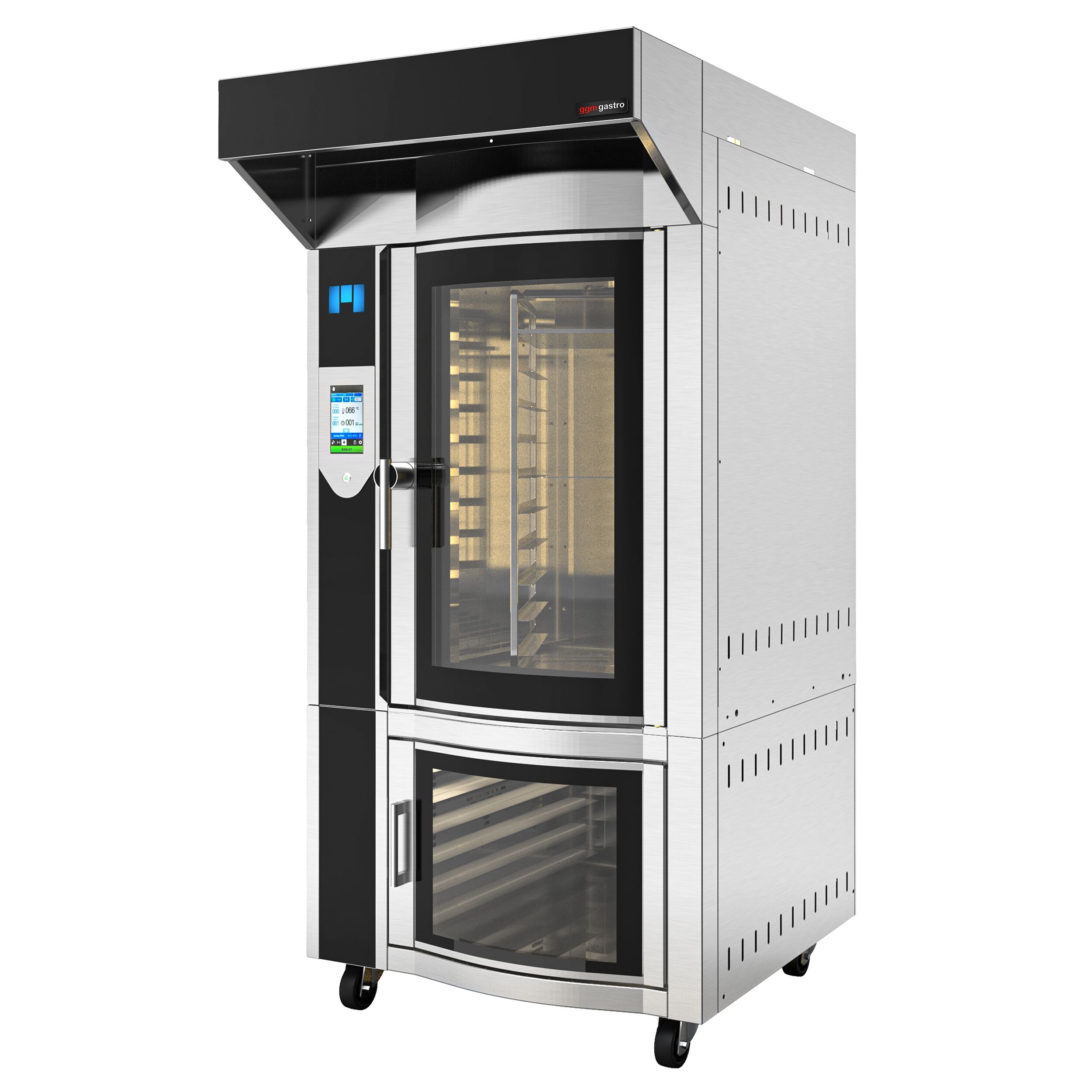 Four à chariot rotatif Électrique Four à convection avec injection d’eau - Écran tactile - 10 niveaux 600x400mm - Acier inoxydable - avec hotte & armoire de fermentation
