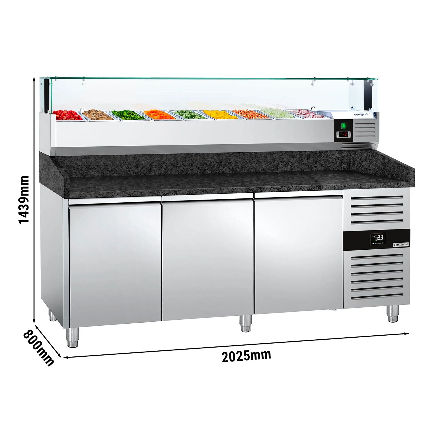 Table réfrigérée à pizza PREMIUM - 2000 x 800 mm - avec 3 portes - incl. vitrine réfrigérée LED - 9 x GN 1/3