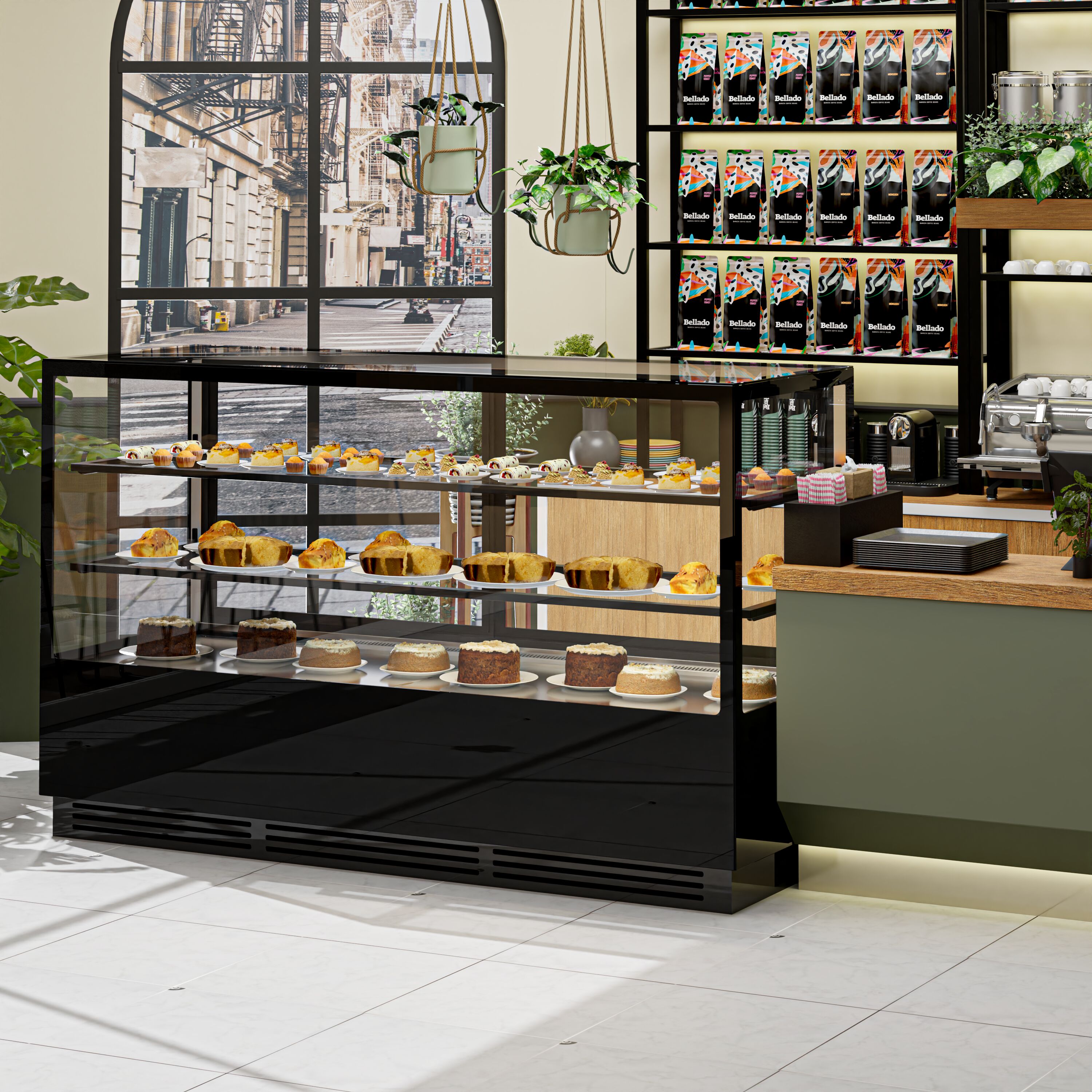Vetrina pasticceria refrigerata - 782l - 2000mm - Doppio vetro - con 2 ripiani - LED interni; schienale a specchio; porte posteriori scorrevoli - Nero