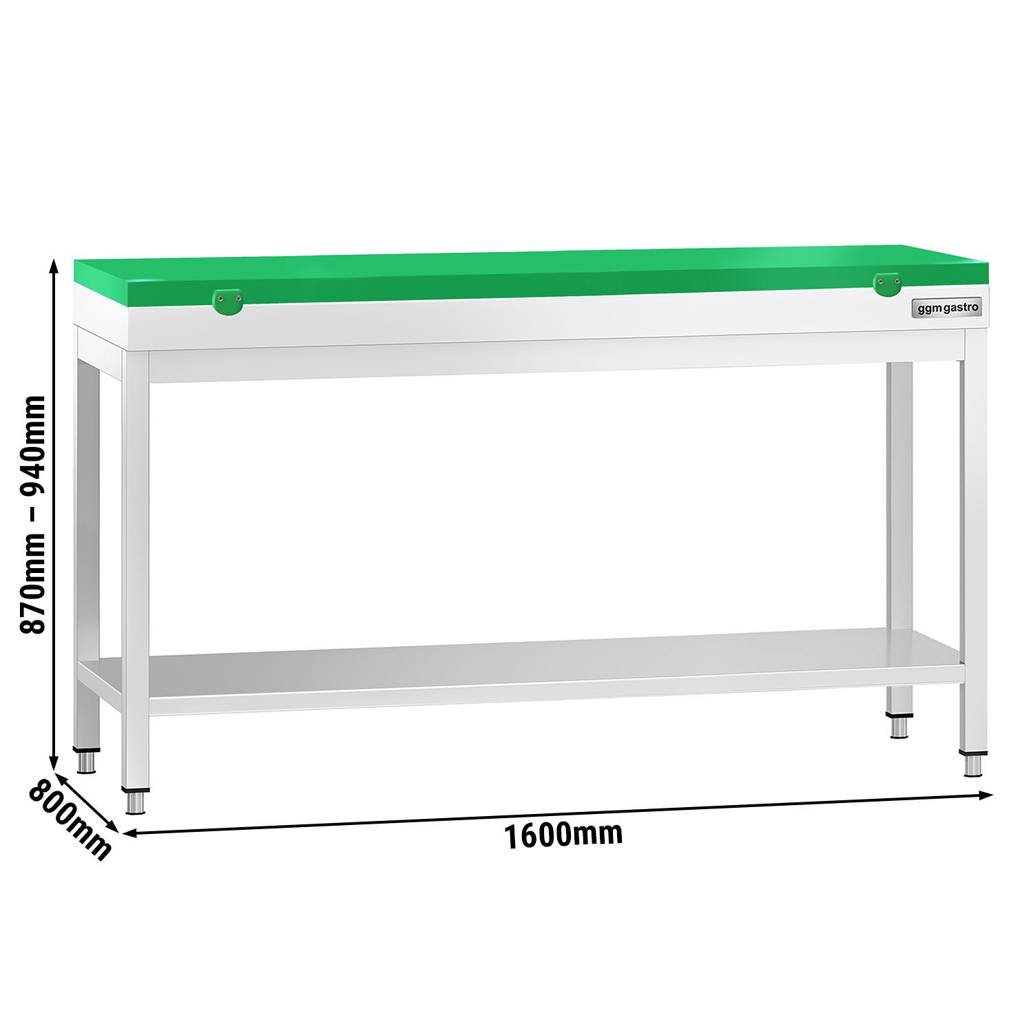 Table de travail inox PREMIUM - 1600 x 800 mm - avec tablette inférieure - incl. Planche à découper Verte