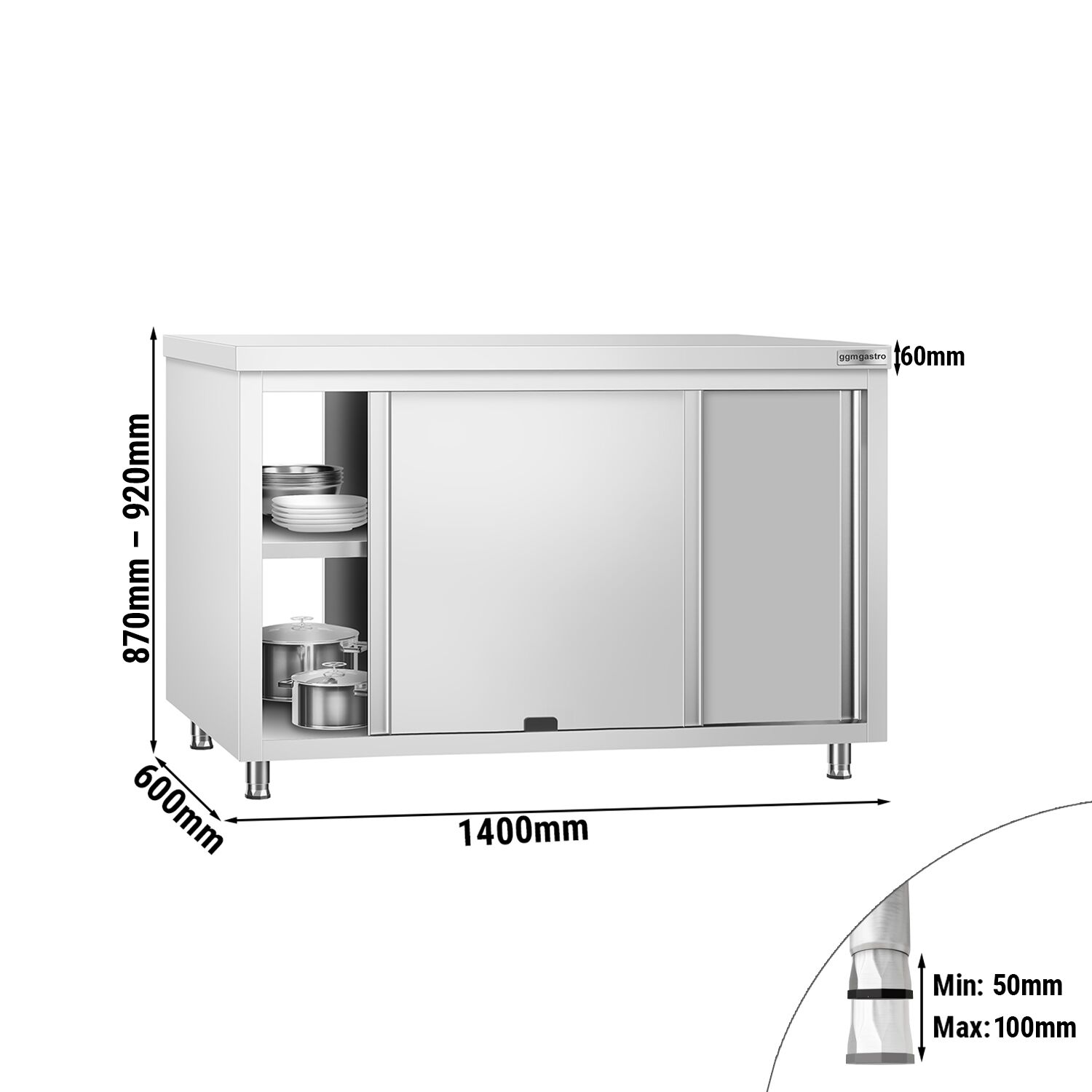 Table armoire en acier inoxydable PREMIUM - 1400x600mm - avec portes coulissantes - passe-plats