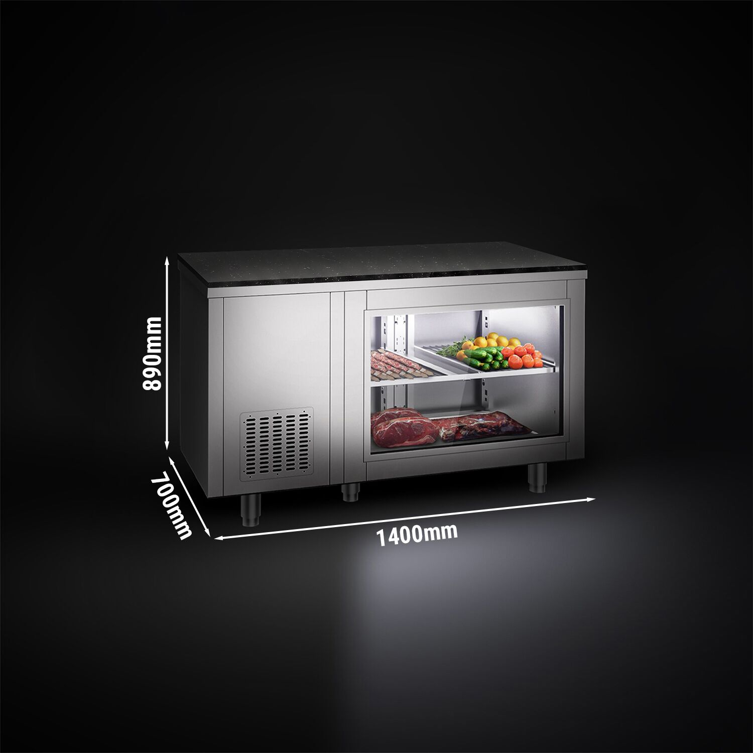 Stół chłodniczy – 1400 x 700 mm – 2 drzwi z tyłu – z przeszklonym frontem – wraz z blatem z granitu