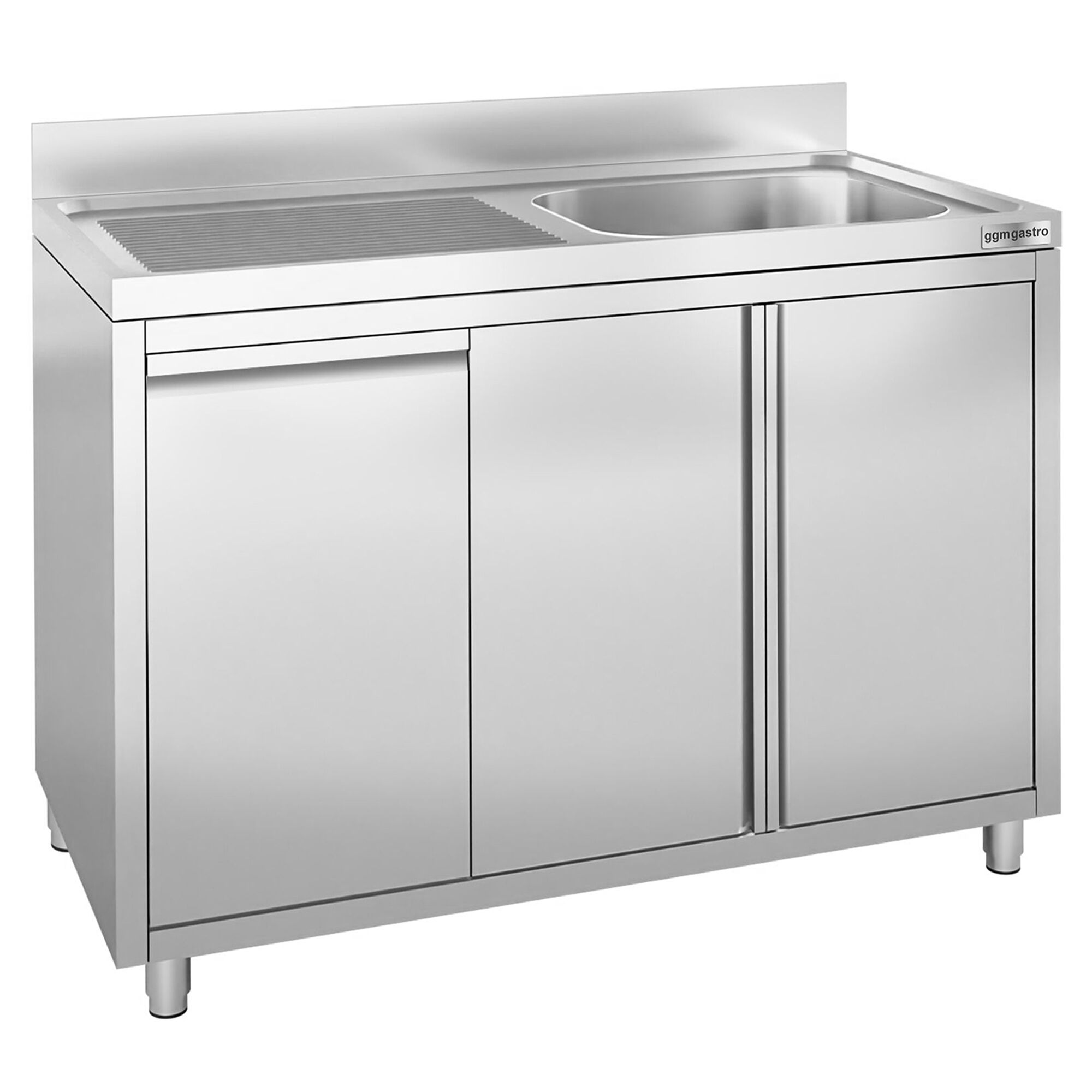 Plonge inox - 1200x600mm - 1 bac à droite - avec égouttoir à gauche - avec dosseret - sur meuble - avec vide‑déchets et poubelle