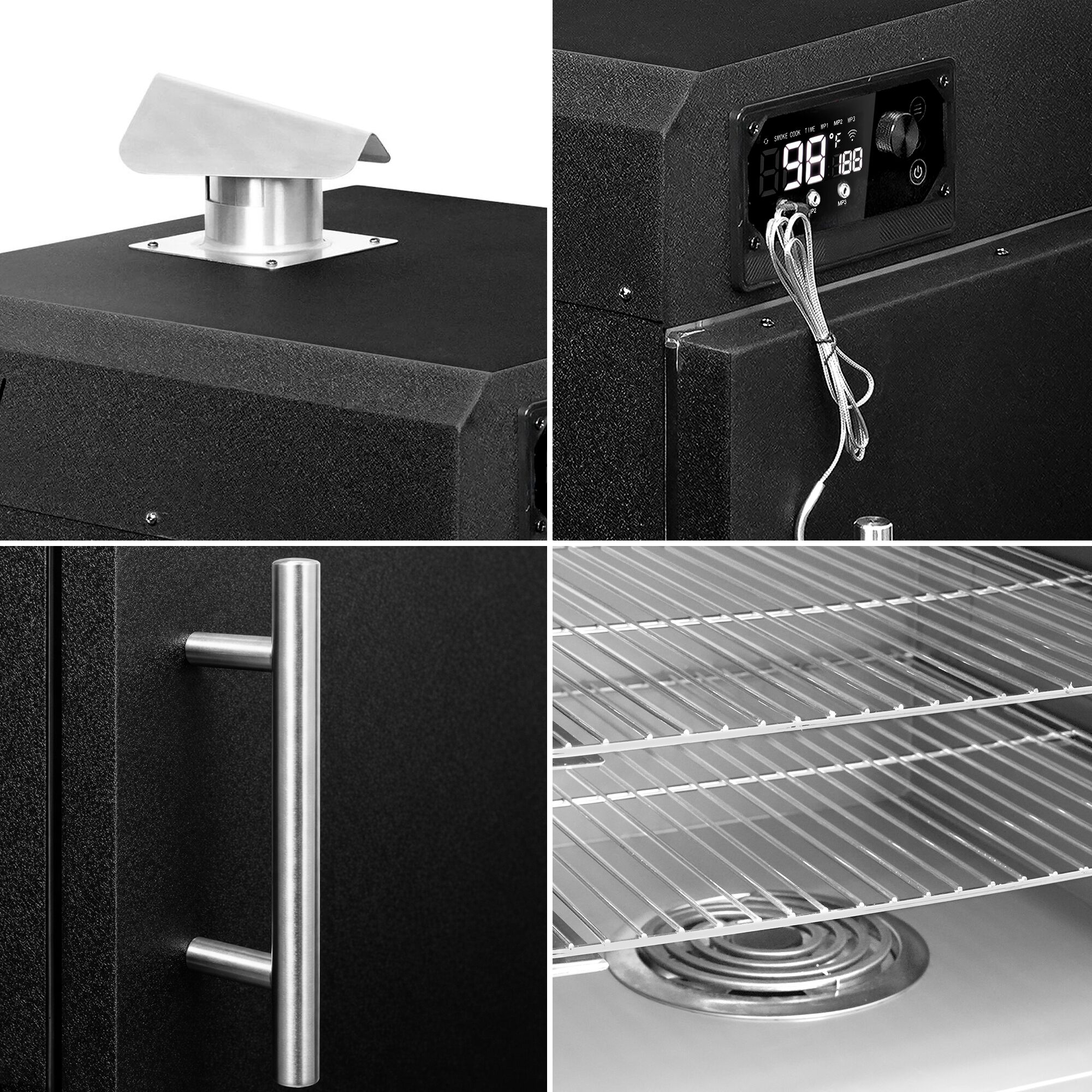 Fumoir électrique professionnel - Commande électronique - avec 4 grilles - 509x581mm - sur roulettes - Noir - fumage à chaud et à froid