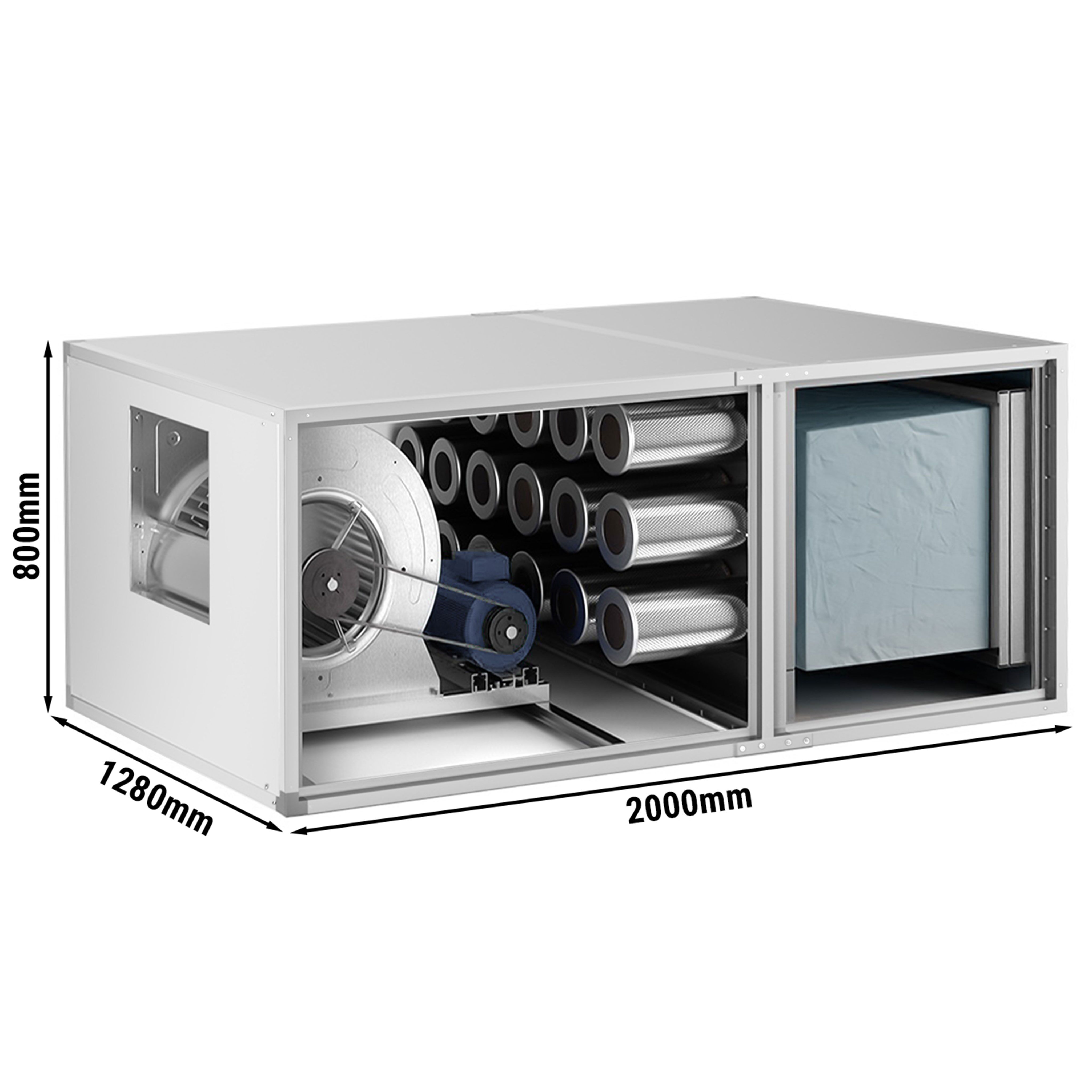 Unité de filtration à charbon actif pour hotte professionnelle avec ventilateur intégré - 8400m³/h - avec préfiltre et filtre à charbon actif - panneau de protection inclus