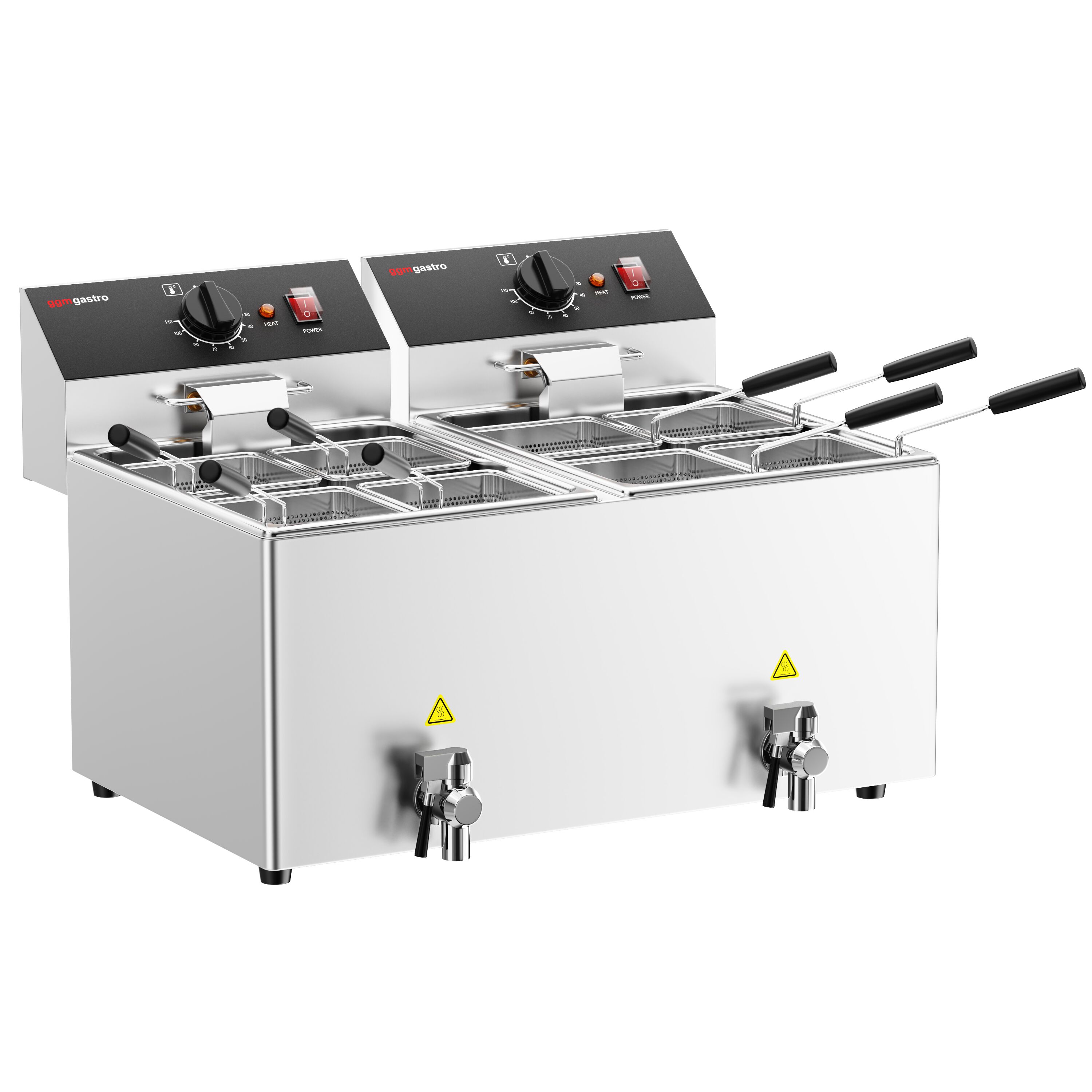 Cuiseur à pâtes électrique – 8 + 8 L – 6,5 kW – avec robinet de vidange – incl. 8 paniers