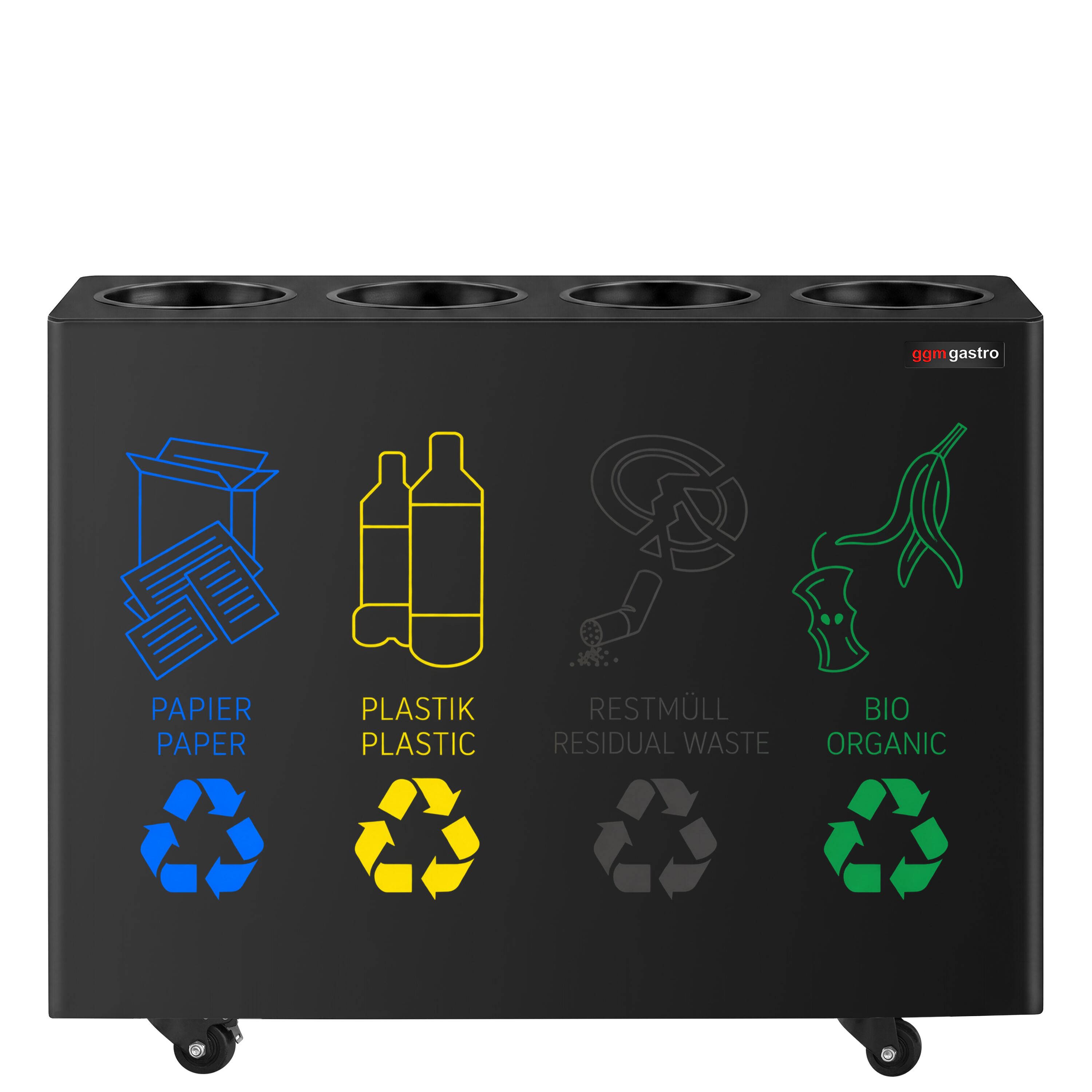 Waste sorting system – 4 bins, 30 litres each – Black – with 4 castors