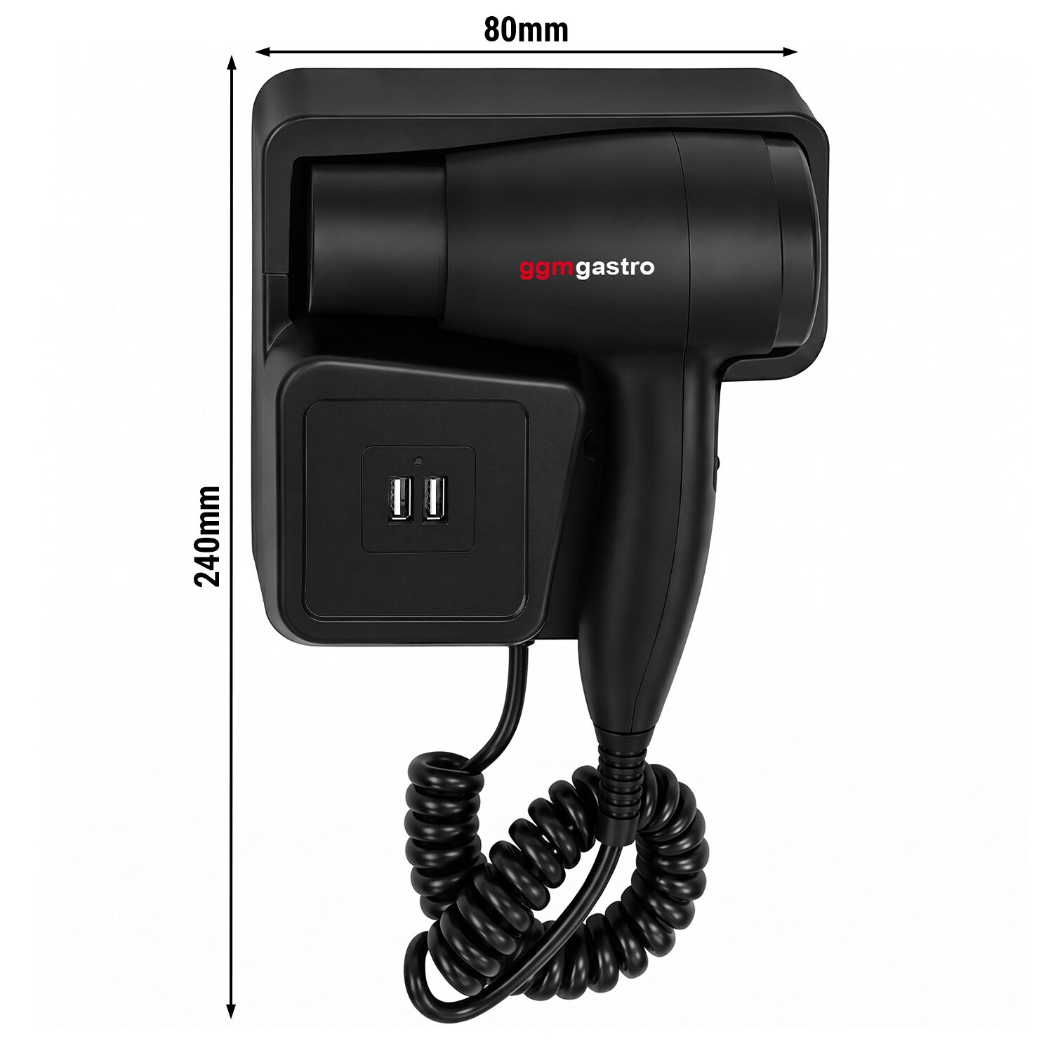Fén s nástěnným držákem – teplý a studený vzduch – 2 USB porty – 1,3 kW