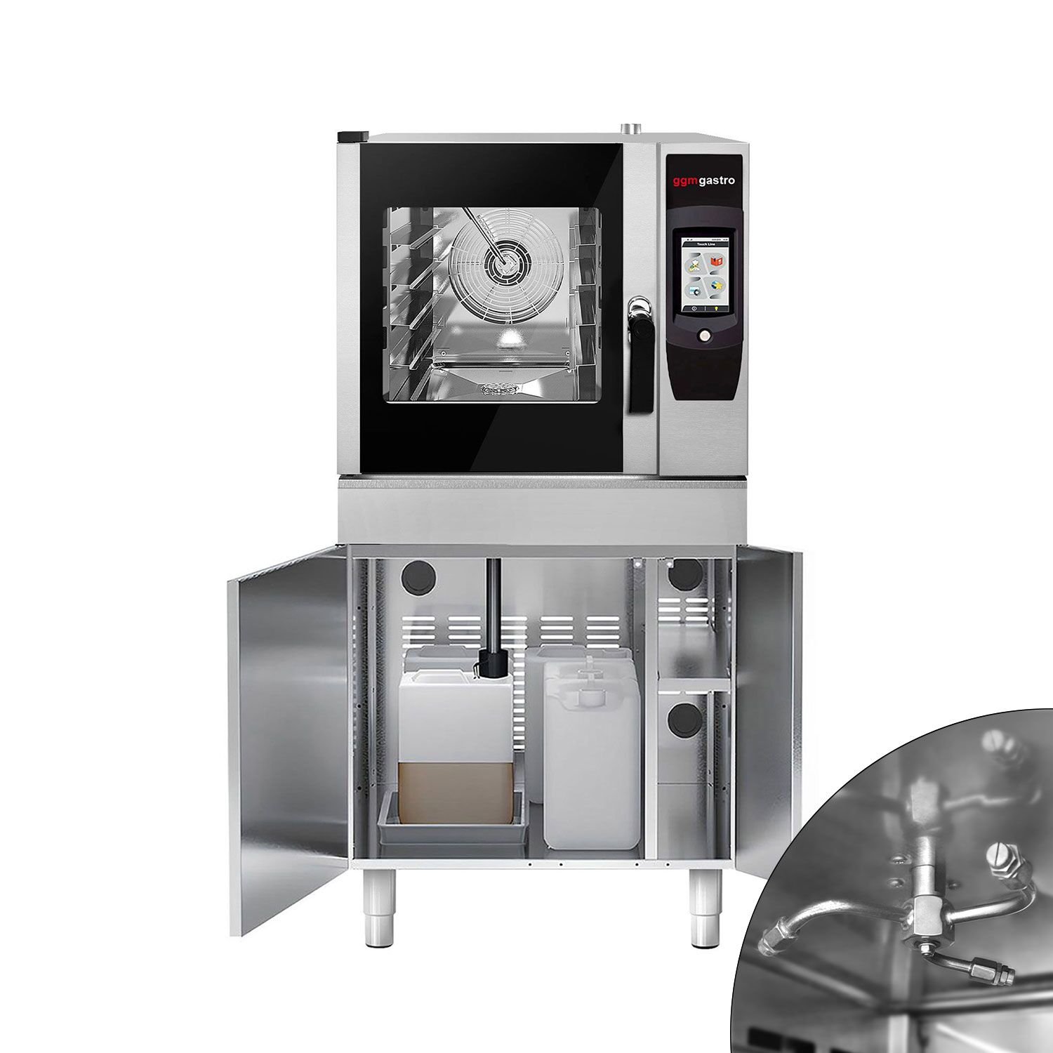 Commercial Combi Steamer - Touch Control – 4× GN 1/1 – with Rotisserie Chicken Grill, Fat Collection System, Base Cabinet, Automatic Wash System & Core Temperature Probe