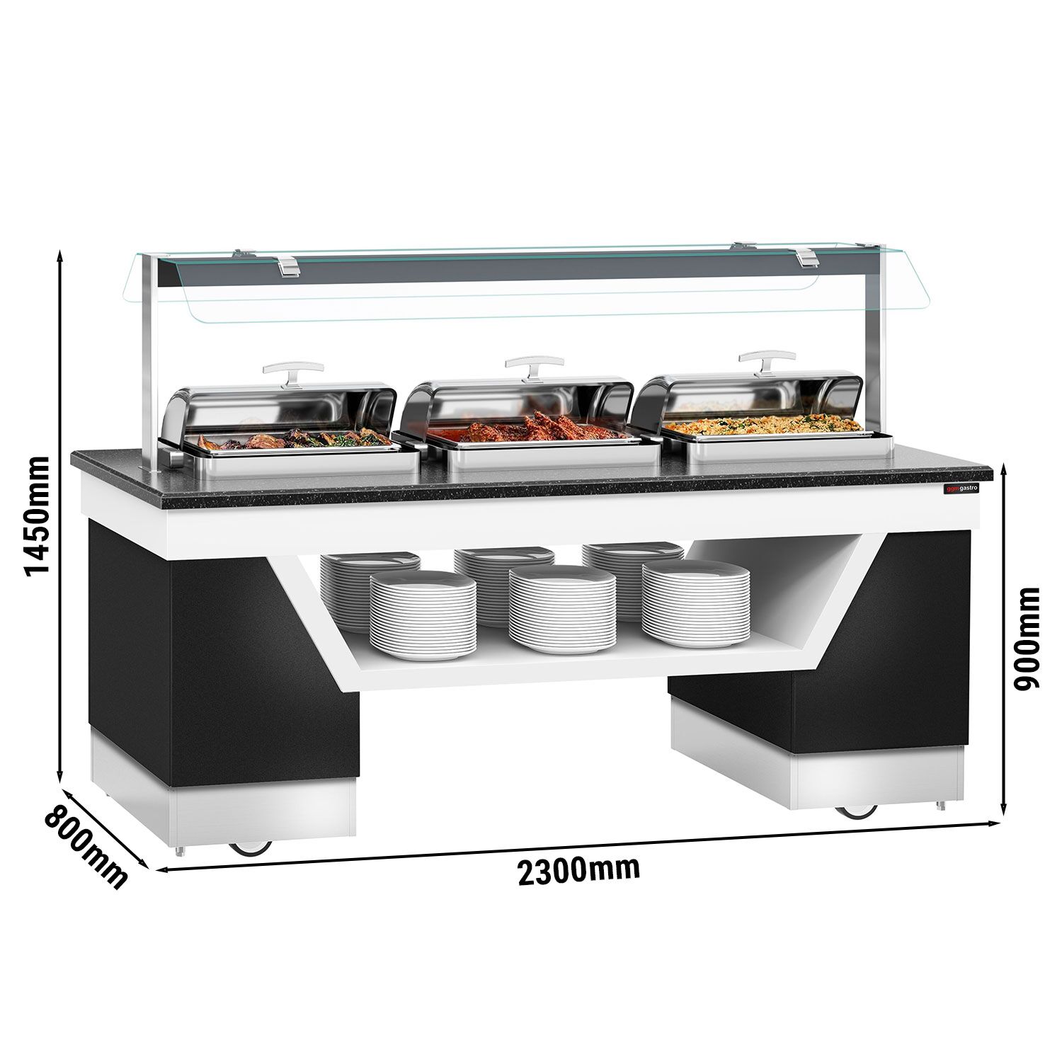Buffet chaud BELFAST - 2300mm - avec bain-marie - sur roulettes - 3 Chafing Dishes - Noir