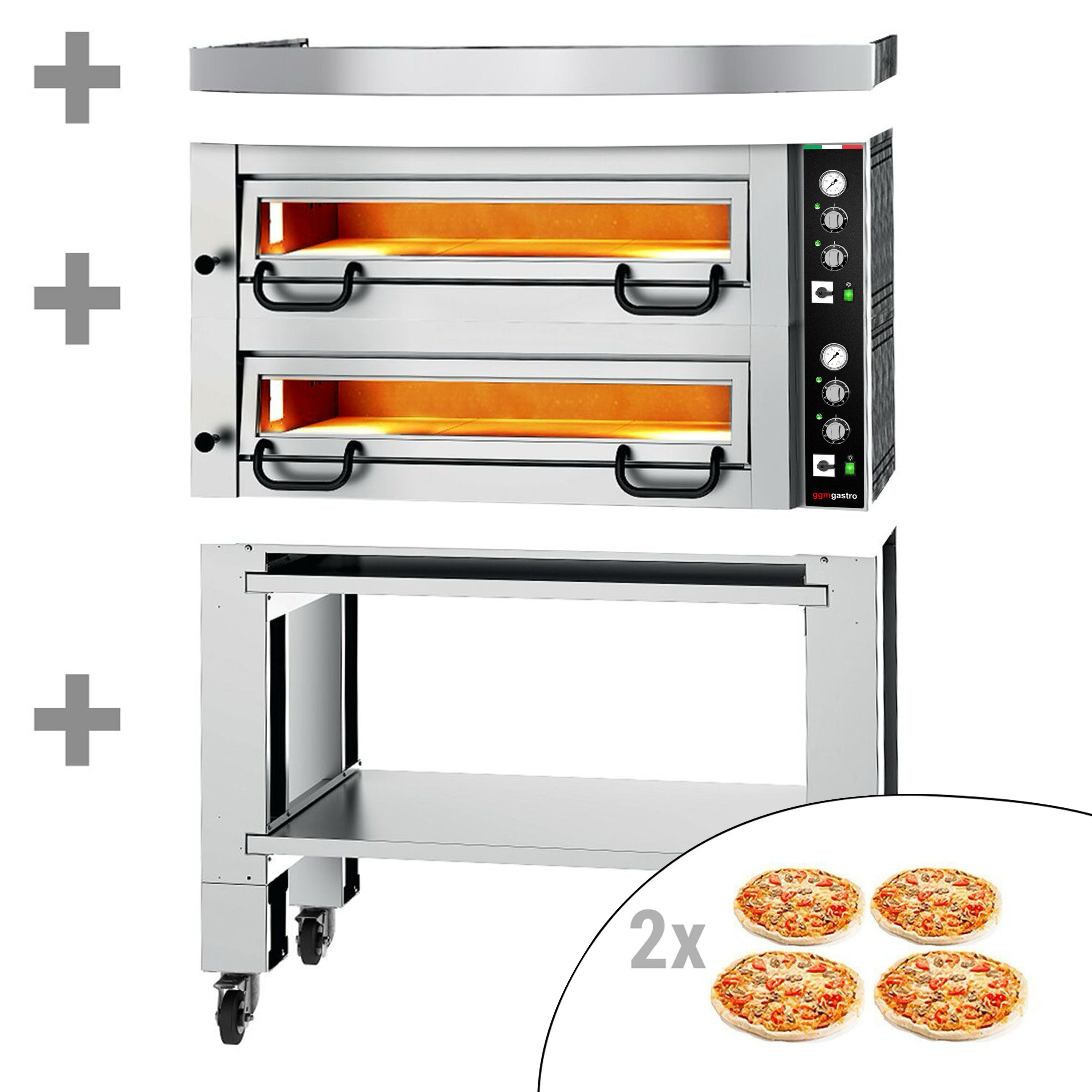 Four à pizza électrique Power – 4+4 x 34 cm – Manuel – incl. hotte et support inférieur