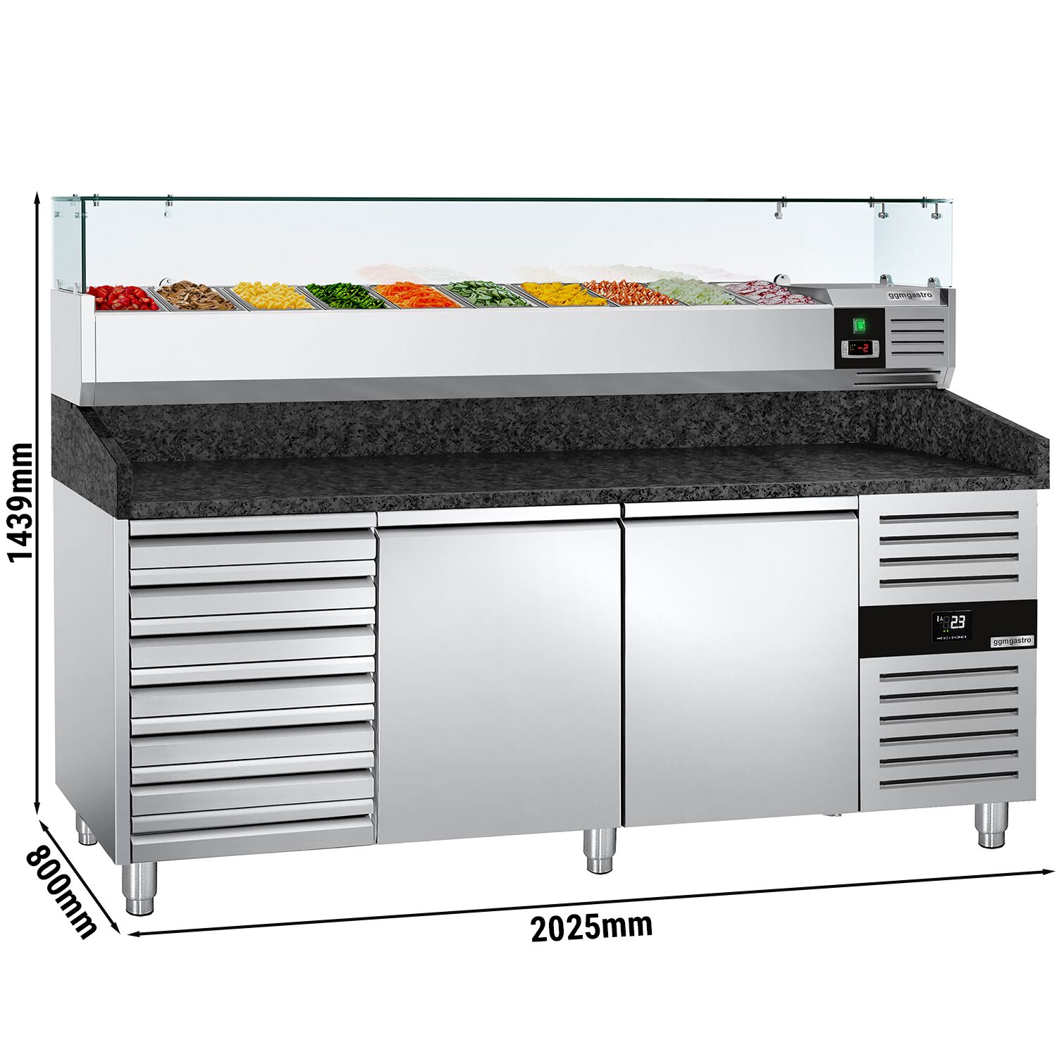 Table réfrigérée à pizza PREMIUM - 2000 x 800 mm - avec 2 portes et 7 tiroirs - incl. vitrine réfrigérée - 10 x GN 1/4