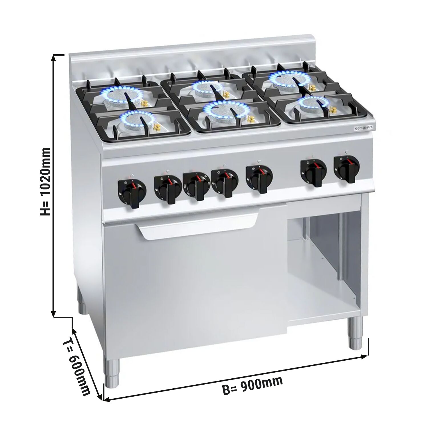 Fourneau à gaz – 28,5 kW – 6 brûleurs – avec four électrique à convection – 3 kW
