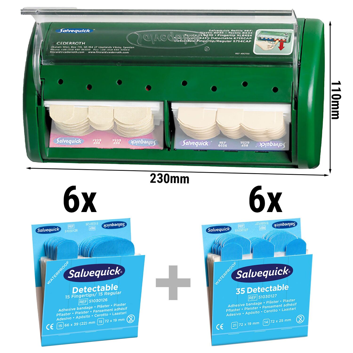 Salvequick® | Distributeur de pansements - vide - Vert - pour la restauration - avec bleus détectables, contenu complet - incl. 12 recharges