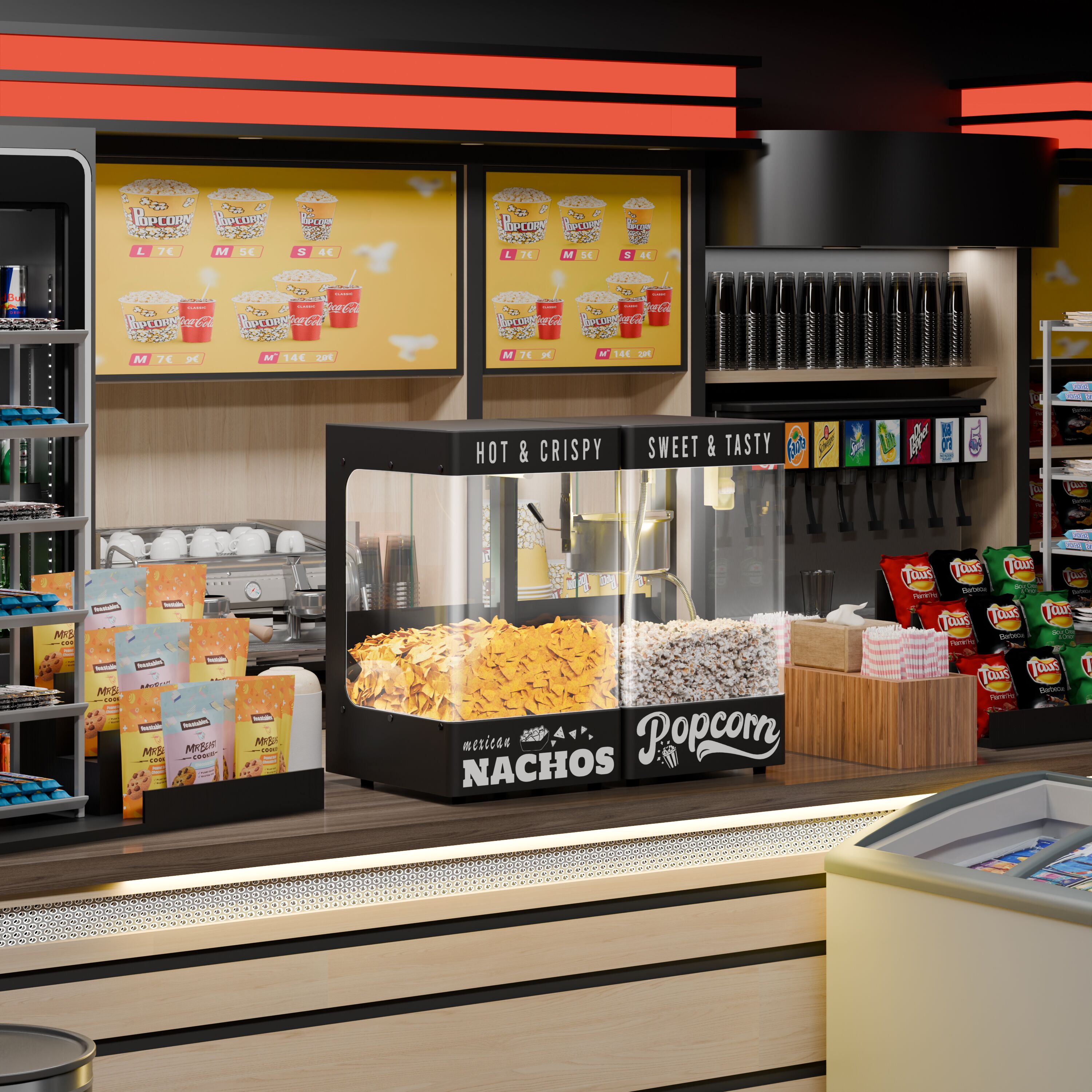 Machine à popcorn avec chauffe-nachos / chauffe-chips - 1,31 kW - 5 kg/h - avec 1 cuve - Noir