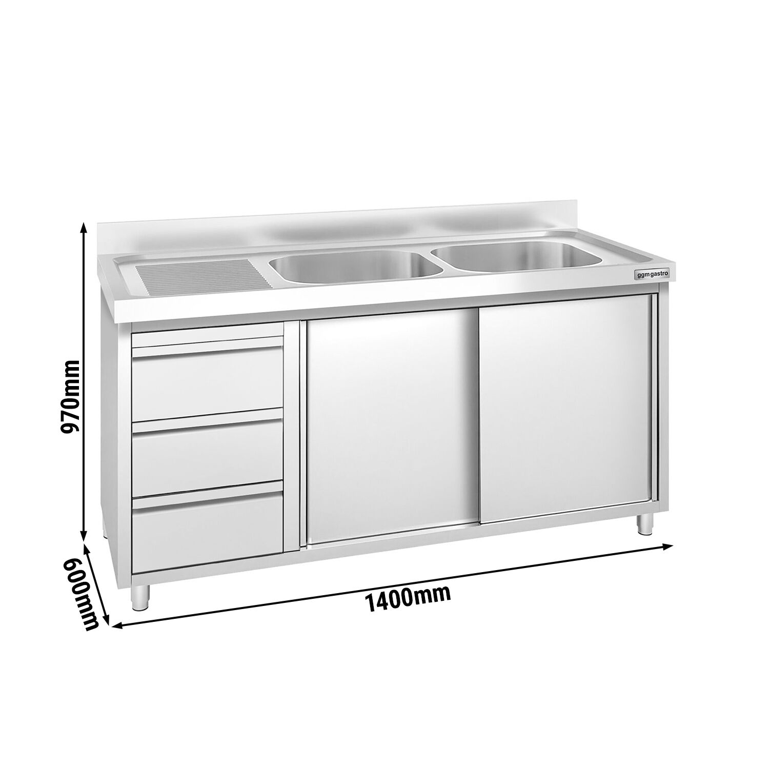 Meuble plonge PREMIUM - 1400x600mm - 2 bacs - 3 tiroirs