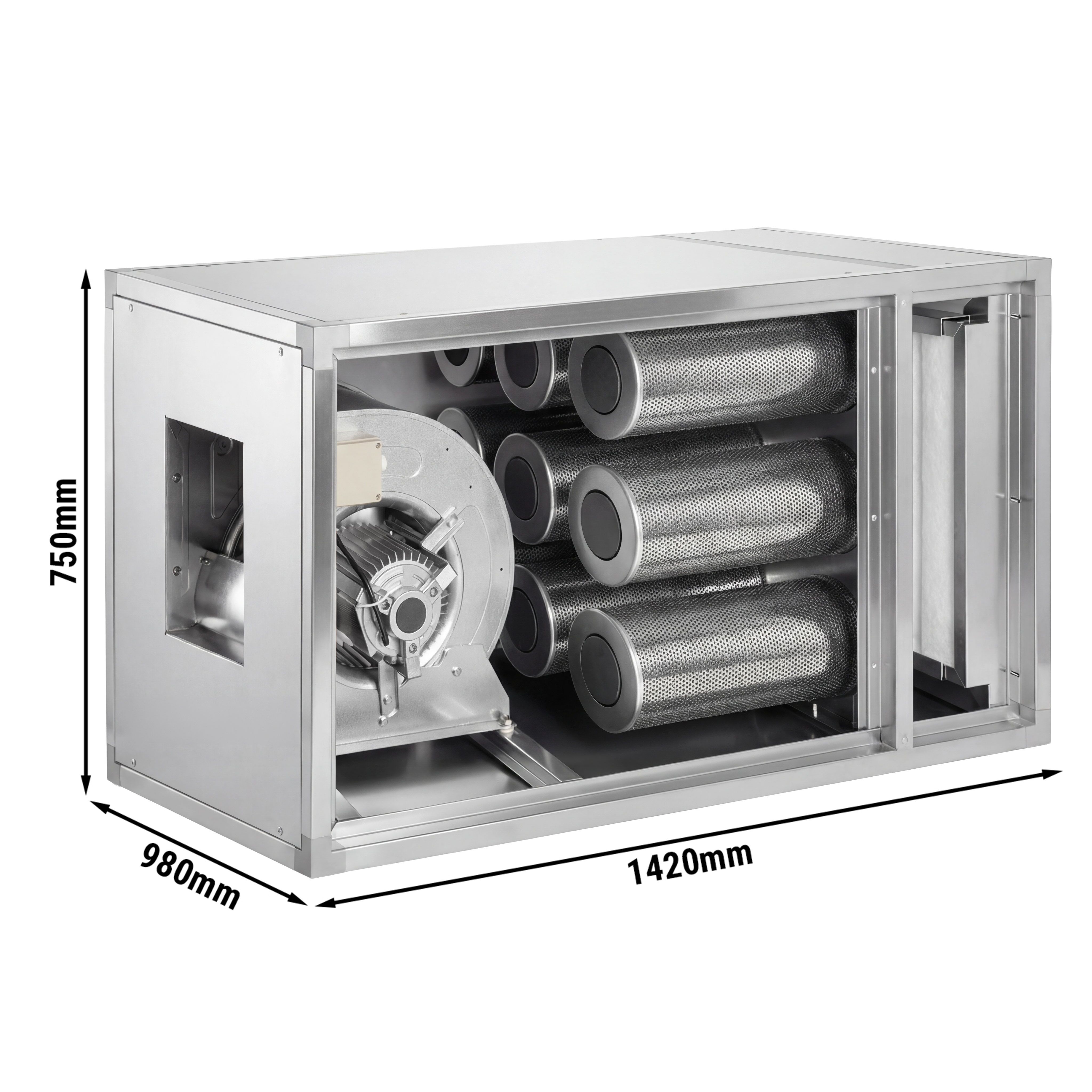 Unité de filtration à charbon actif pour hotte professionnelle avec ventilateur intégré - 4600m³/h - avec préfiltre et filtre à charbon actif - panneau de protection inclus