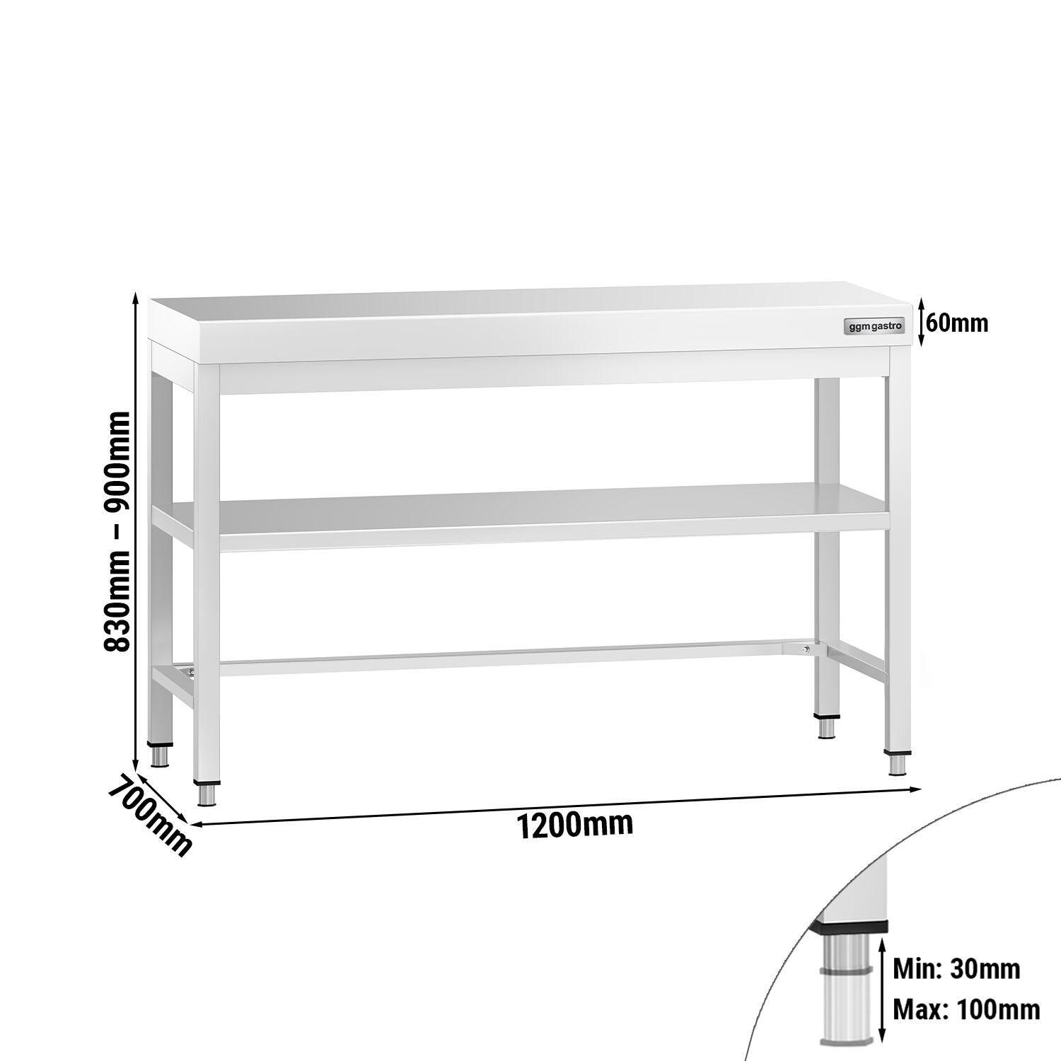 Table de travail inox PREMIUM - 1200 x 700 mm - avec tablette inférieure & Renforts