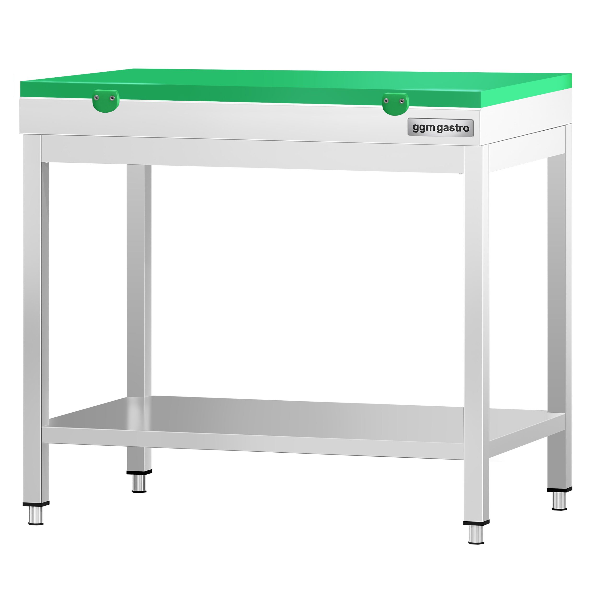 Stół roboczy centralny ze stali nierdzewnej PREMIUM - 700x700mm - z półką - z deską do krojenia Zielony