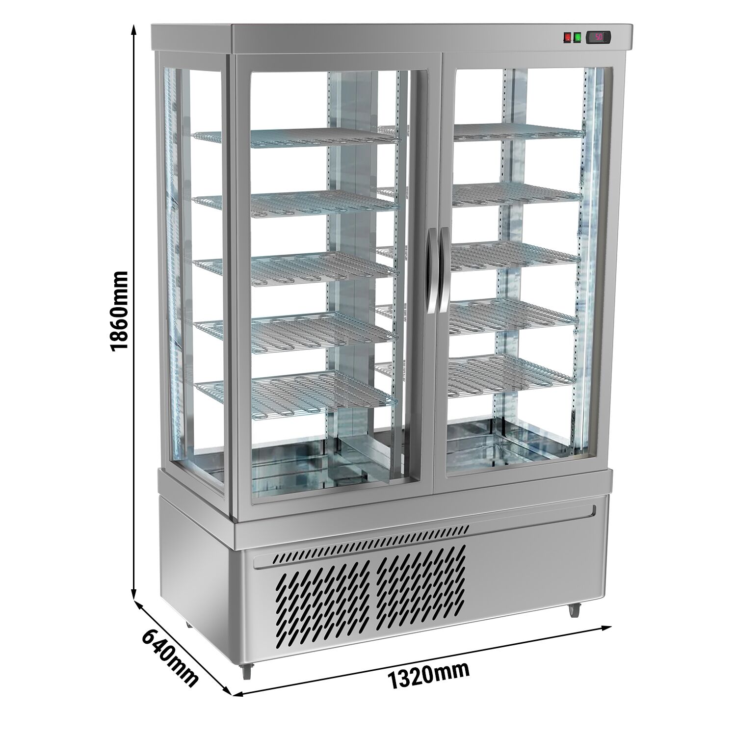 Vitrine réfrigérée 4 faces vitrées / Vitrine panoramique – 935 litres – 1320 mm – 10 étagères – Argent