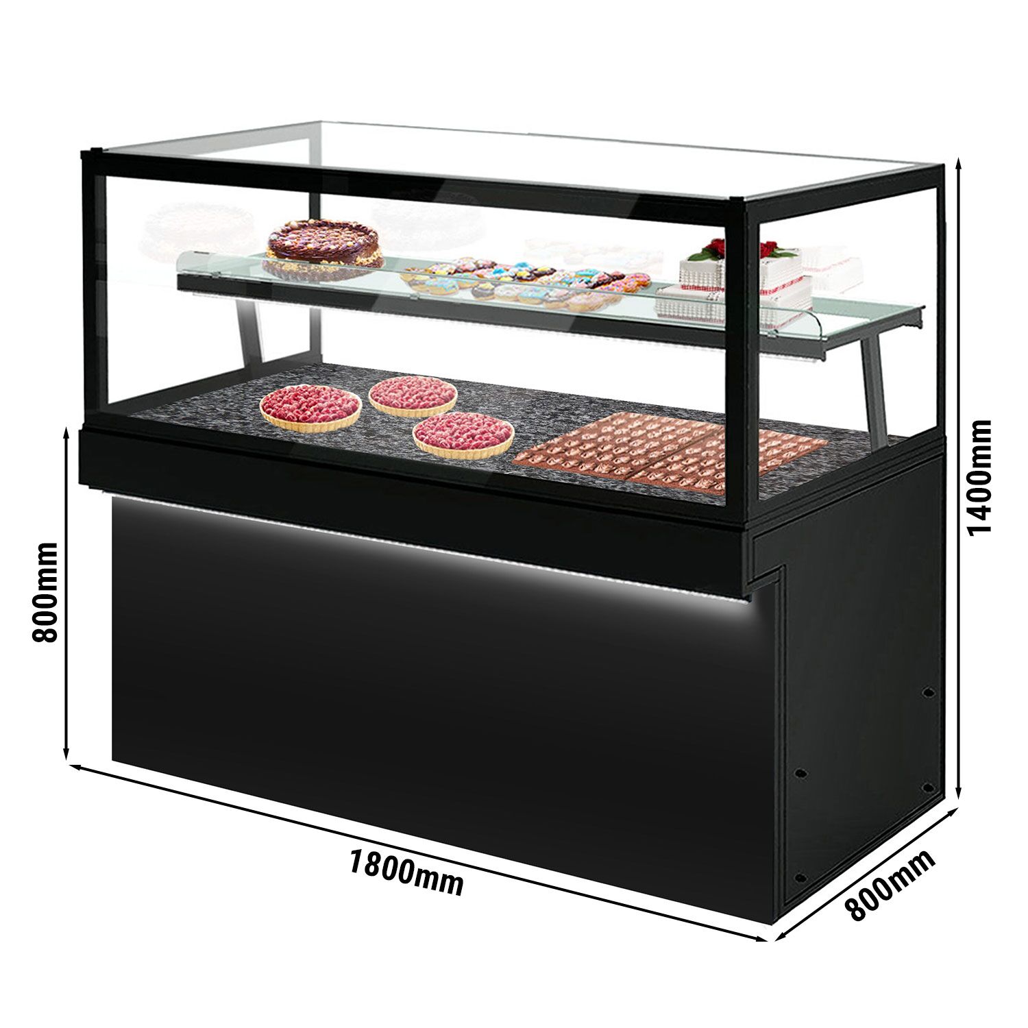 Comptoir à pâtisseries TORONTO - 1800x800mm - Façade noire - Éclairage LED - 2 étagères - double vitrage