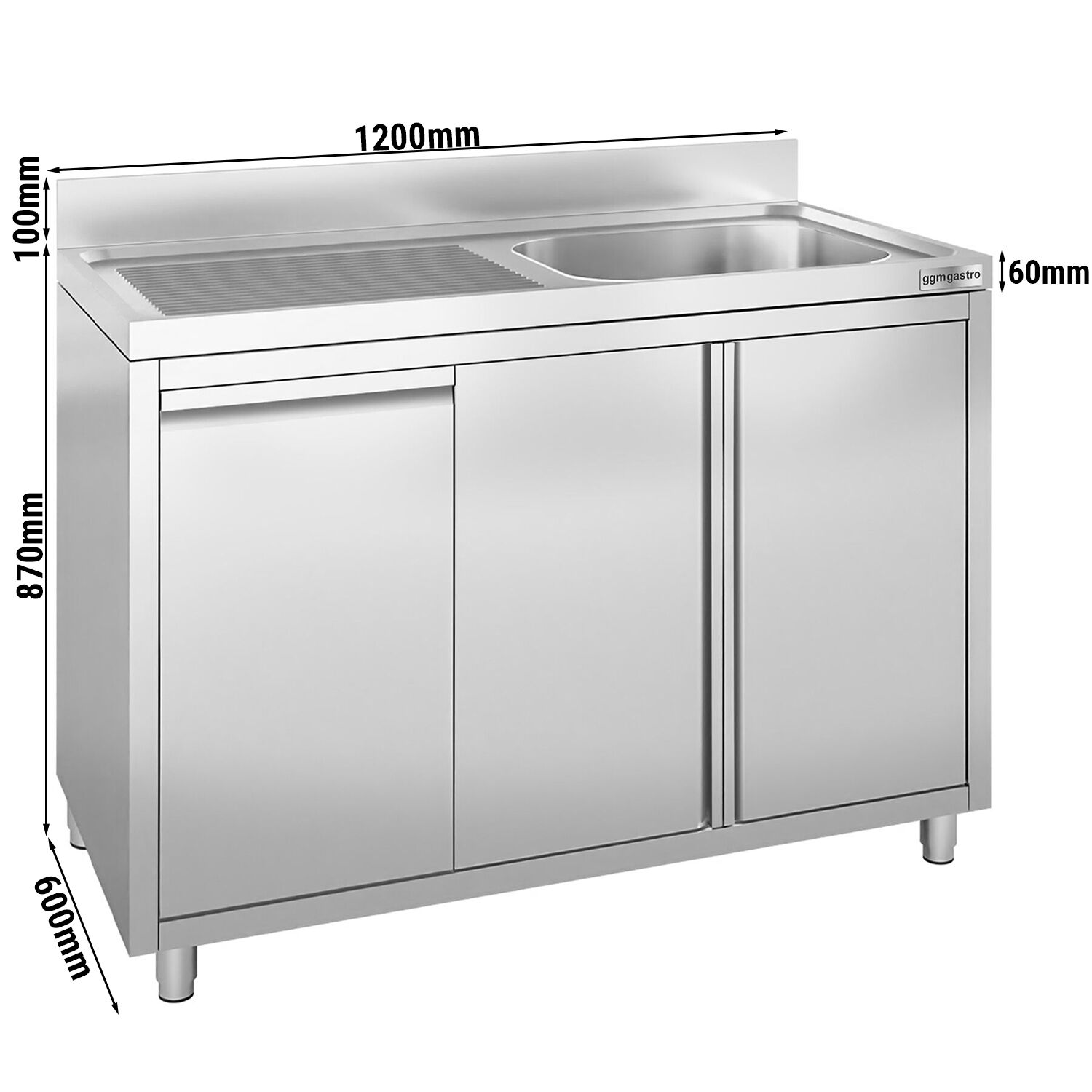Plonge inox - 1200x600mm - 1 bac à droite - avec égouttoir à gauche - avec dosseret - sur meuble - avec vide‑déchets et poubelle