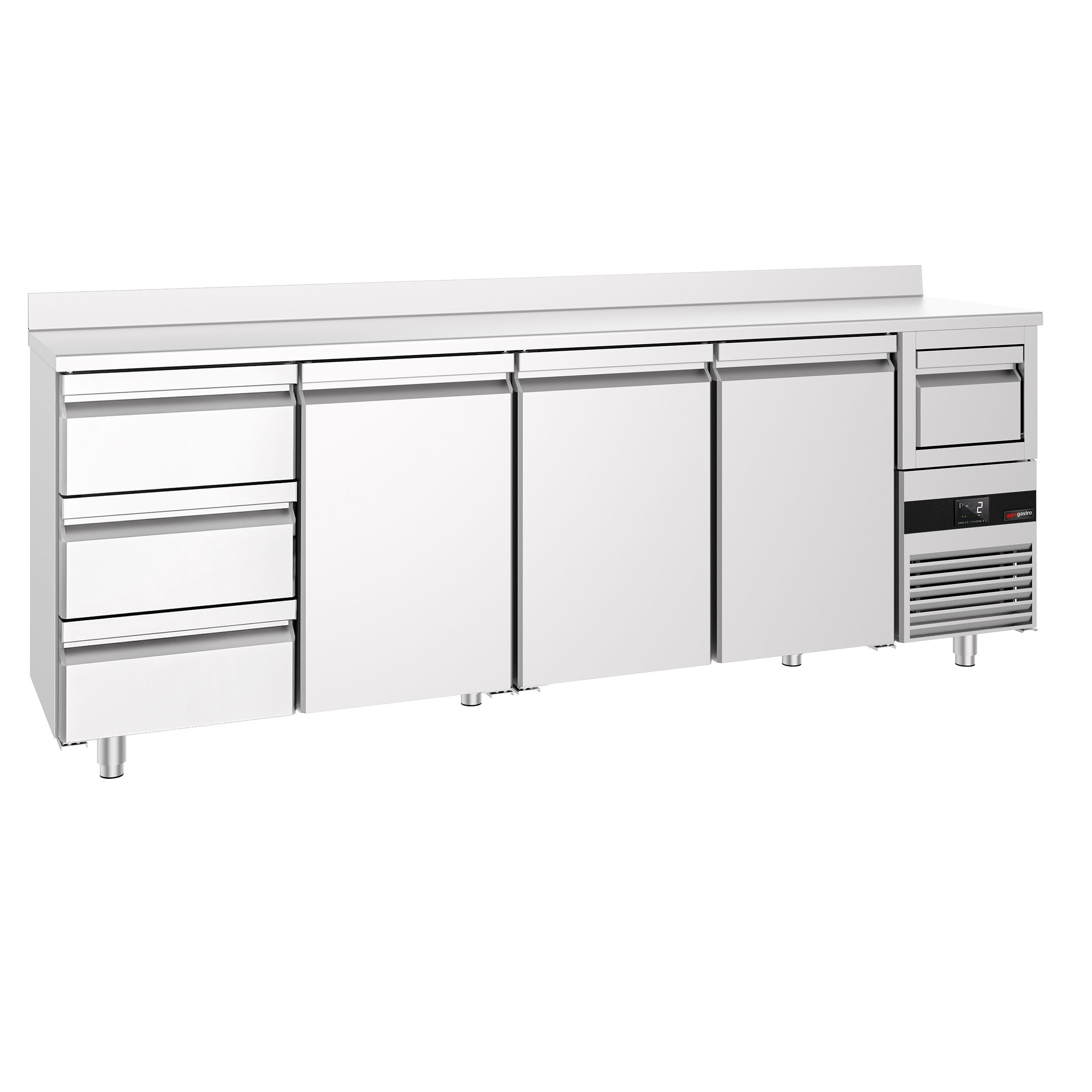 Arrière-bar réfrigéré professionnel PREMIUM - 2690 x 600 mm - avec 3 portes et 3 tiroirs - avec dosseret - avec tiroir à marc de café