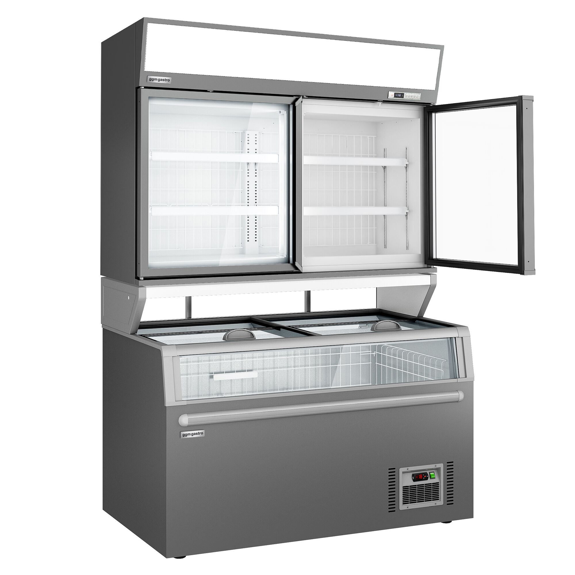 Vitrine murale de congélation pour supermarché - 2 portes - avec îlot de congélation inclus - Gris