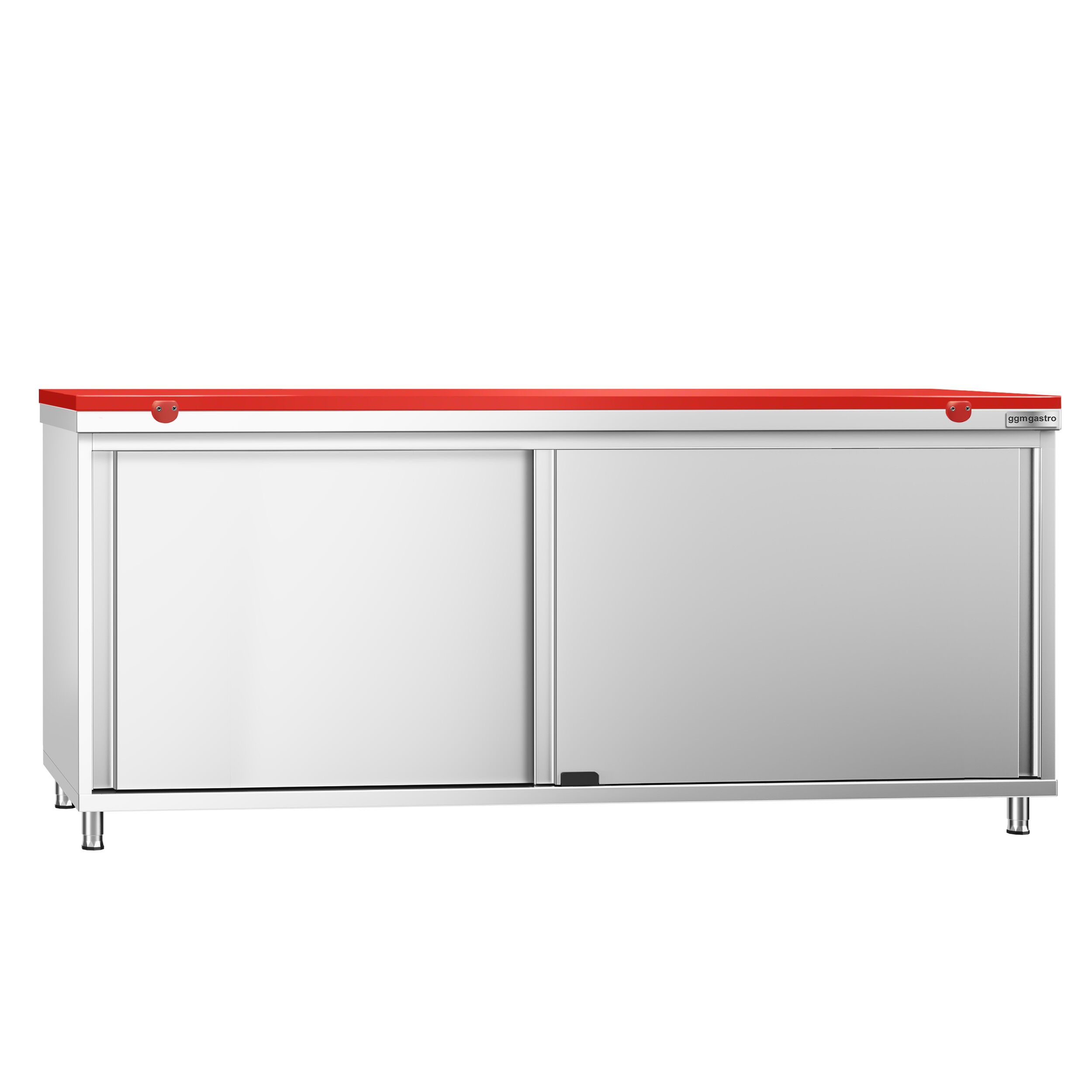 Table armoire en acier inoxydable PREMIUM - 2000x600mm - avec portes coulissantes - pour viande crue - incl. plateau de découpe Rouge PEHD (HACCP)