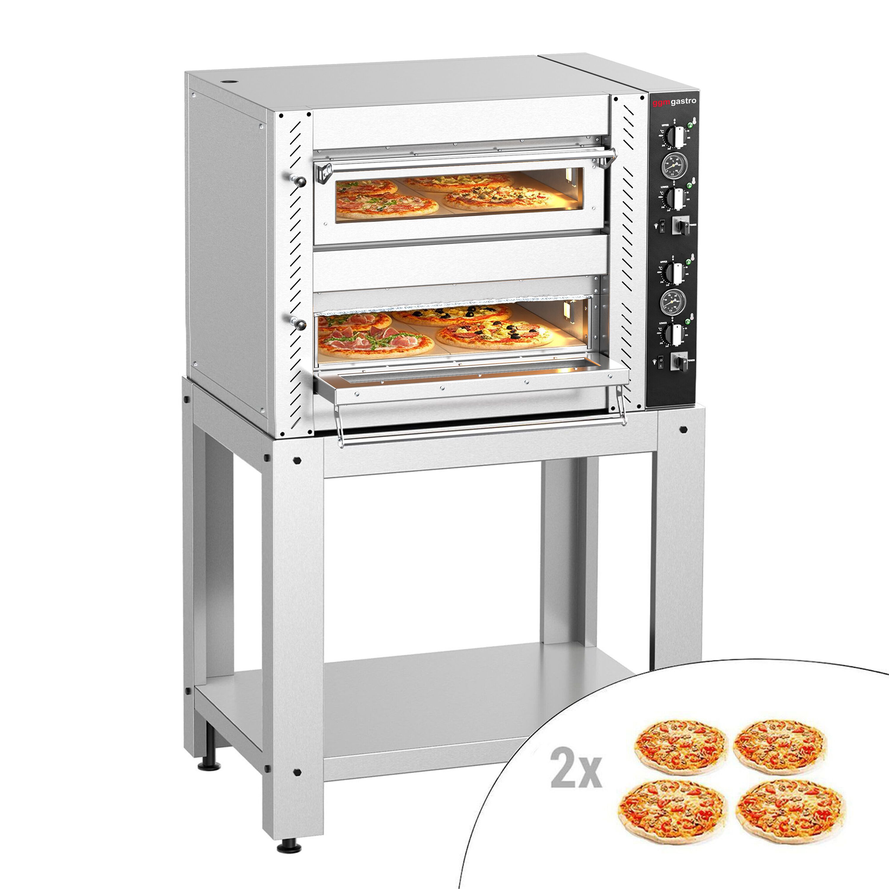 Four à pizza électrique – 4+4 x 25 cm – Manuel – incl. support inférieur