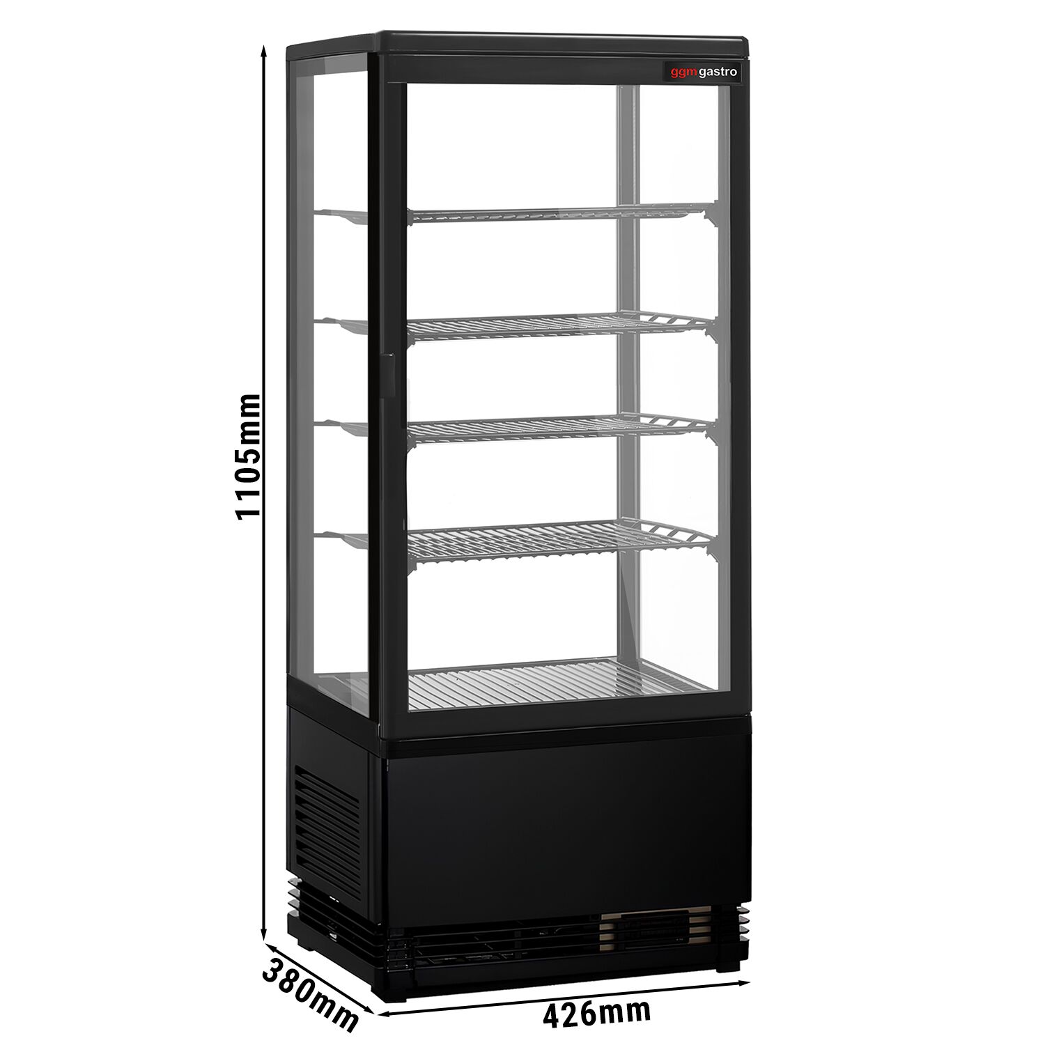 Vitrine réfrigérée 4 faces vitrées / Vitrine panoramique de table – 98 litres – 420 mm – avec 4 étagères – Noir