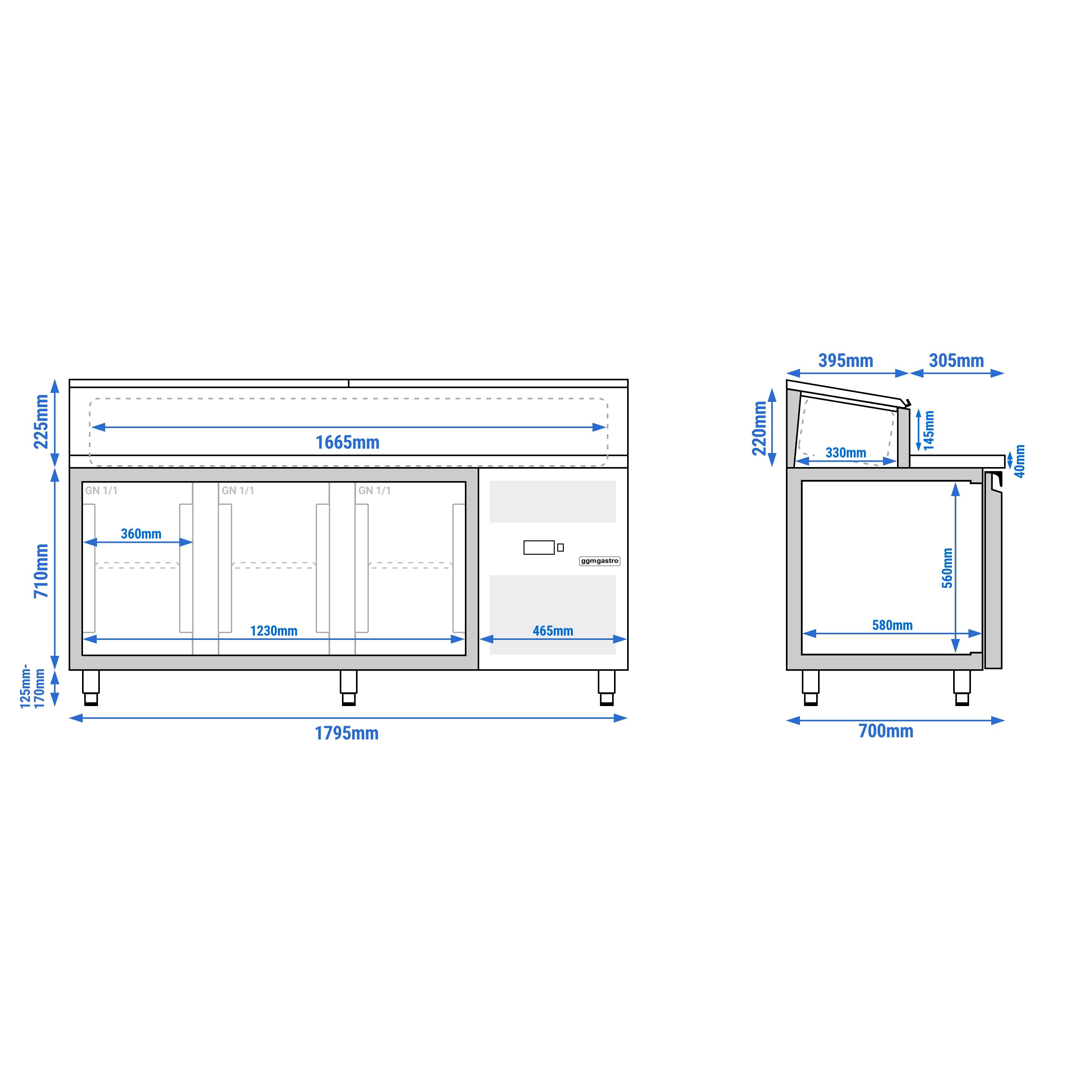 Table de préparation ECO – 1795 mm – 3 portes – pour 8 bacs GN 1/3