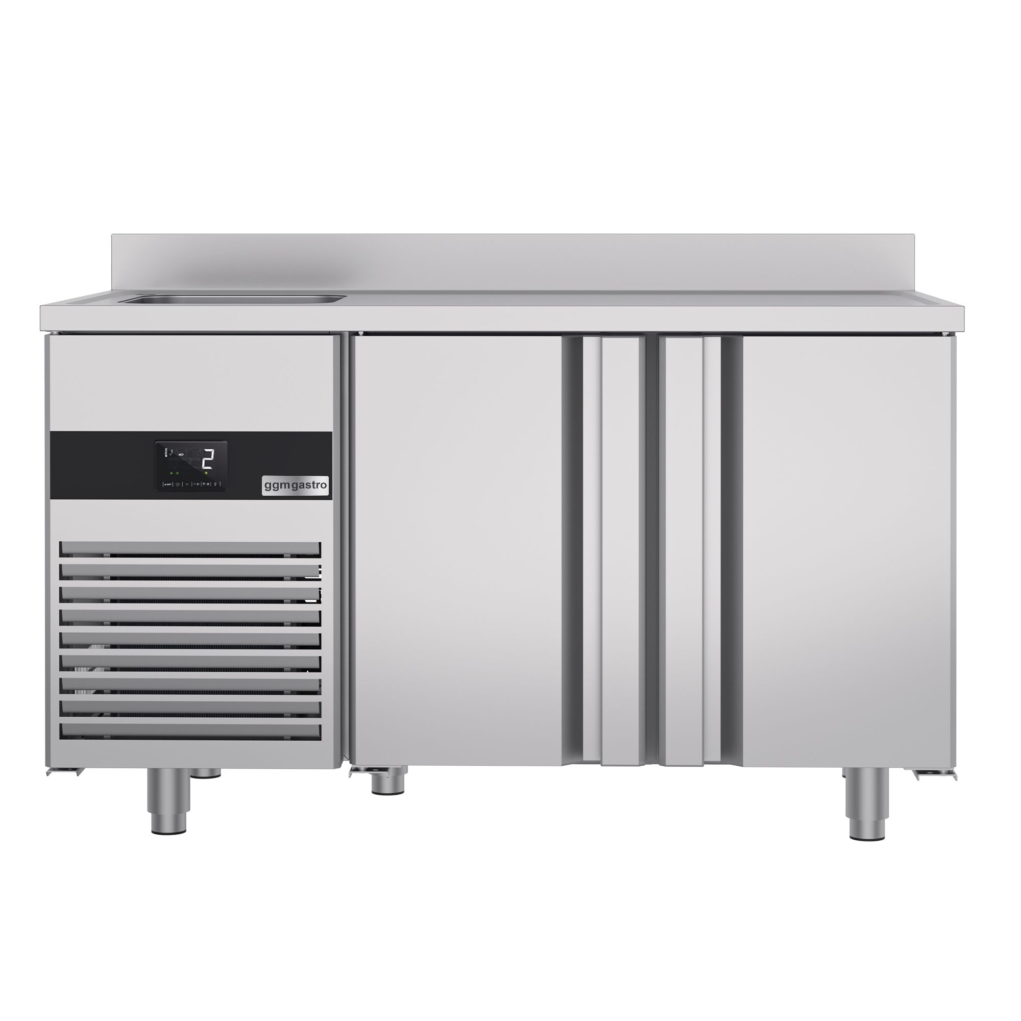 Commercial Counter Fridge PREMIUM - 1430x720mm - with 2 doors - with sink left - with upstand - capacity 270 litres