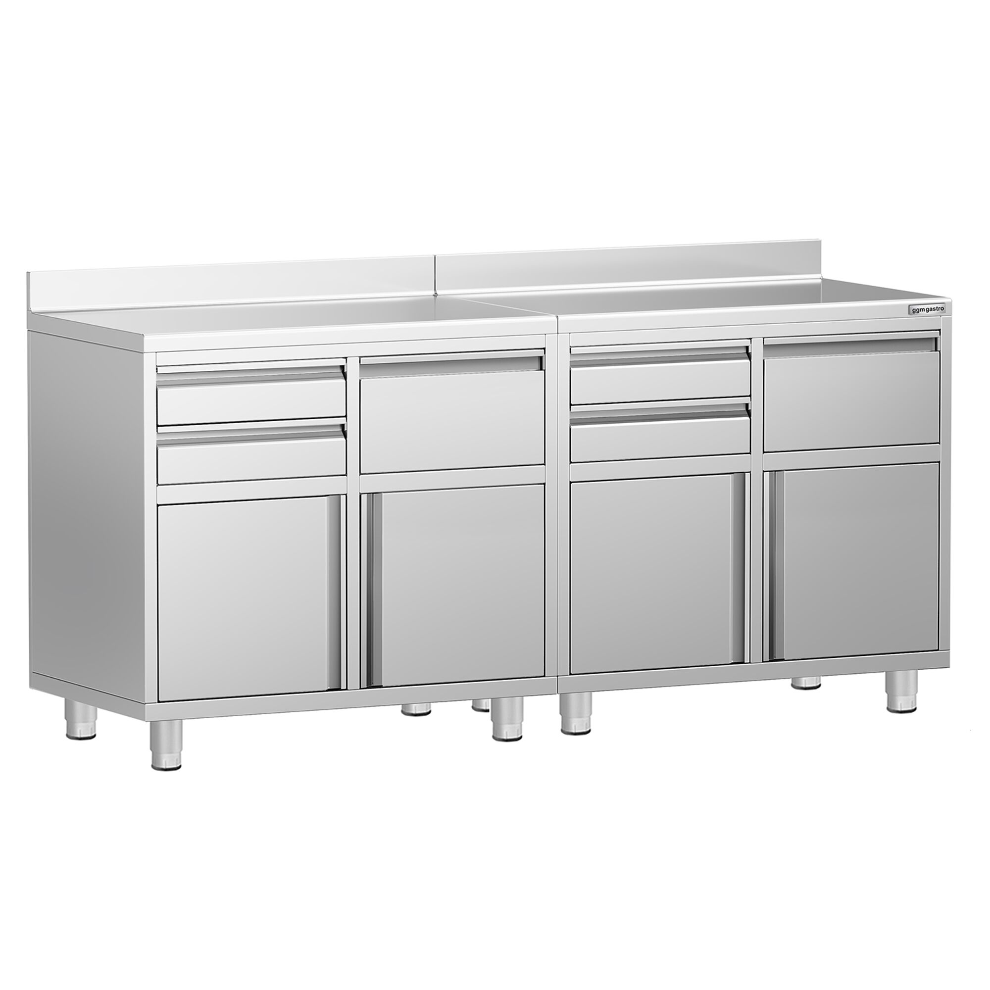 Armário de trabalho - para máquina de café - 2000x600mm - com 4 gavetas, 2 portas de batente e 2 gavetas para borras de café - com aba traseira 100mm