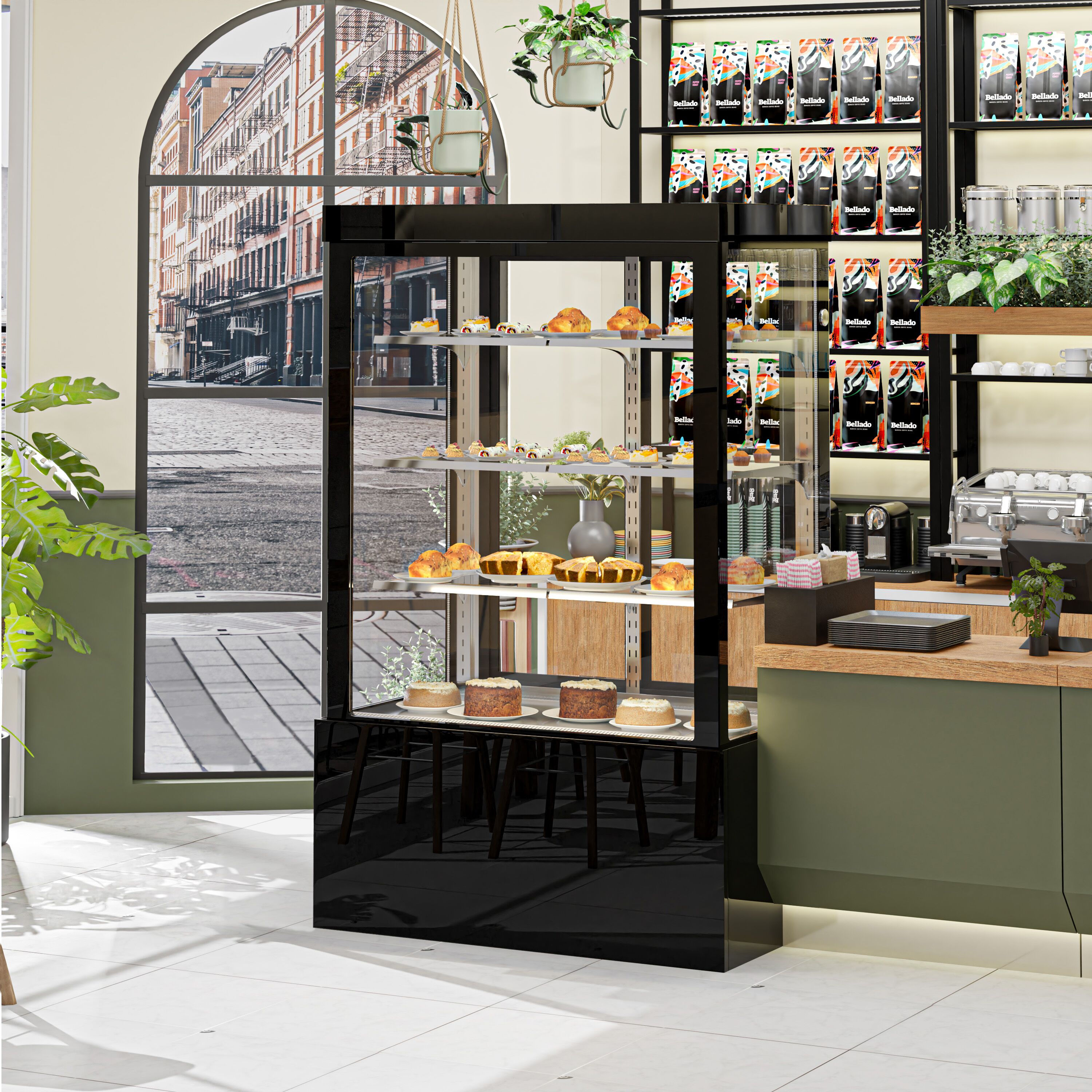 Kühl- & Kuchenvitrine - 1200mm - Doppelverglasung - mit 3 Ablagen & Spiegelfront - Schwarz
