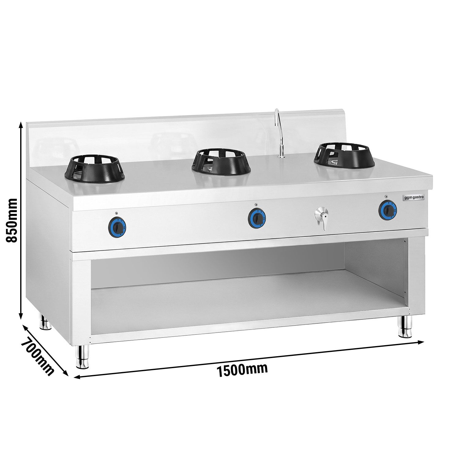 Gas woktafel - 42 kW - 3 branders - incl. 1 kraan