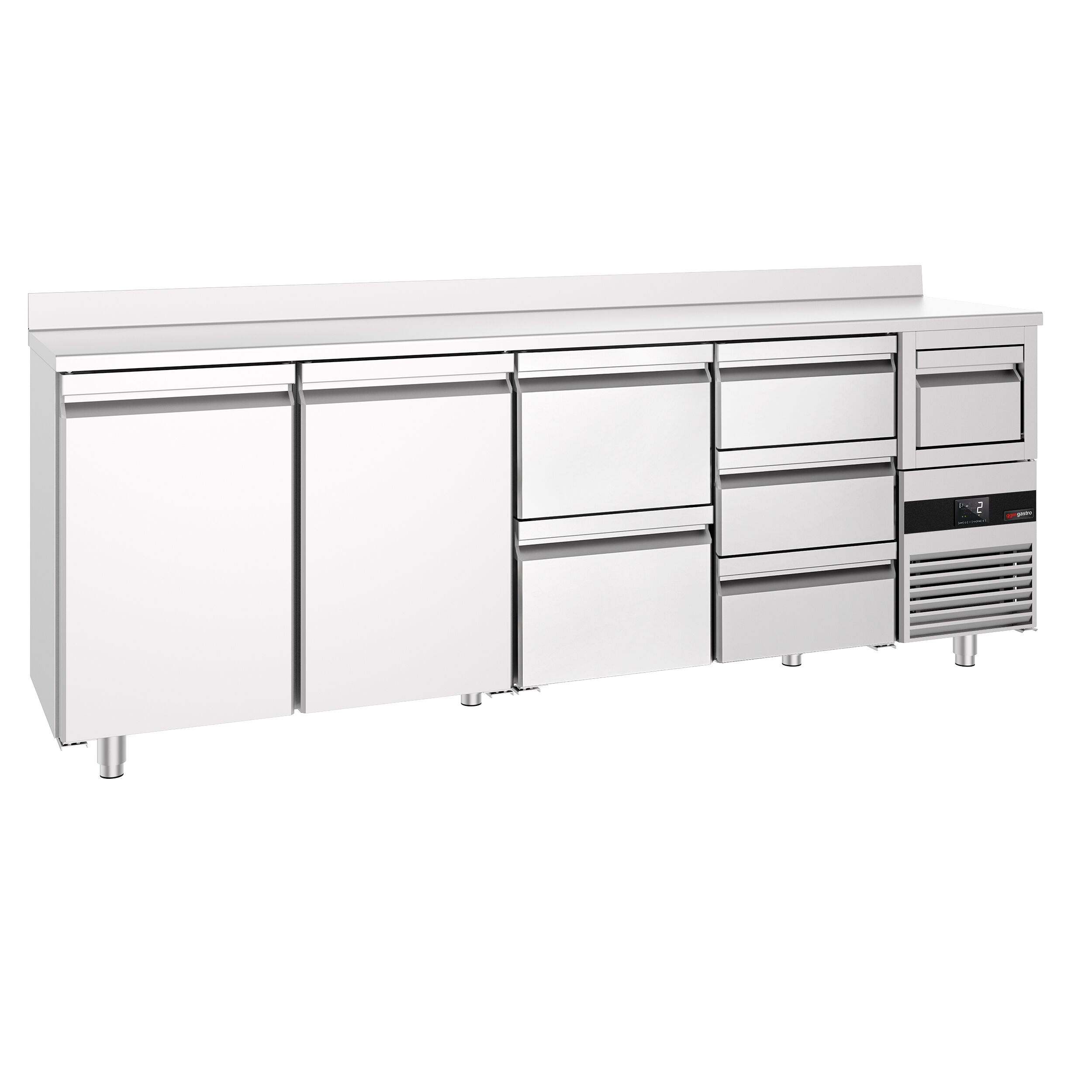 Arrière-bar réfrigéré professionnel PREMIUM - 2690 x 600 mm - avec 2 portes et 5 tiroirs - avec dosseret - avec tiroir à marc de café