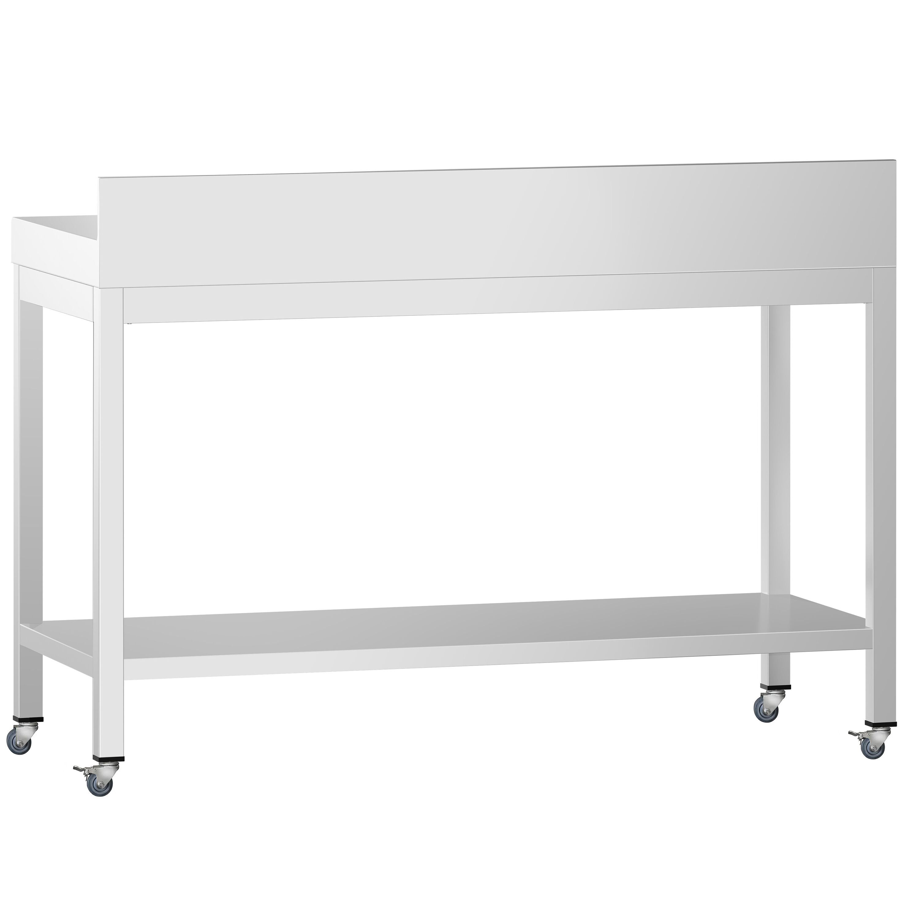 Table de travail en inox PREMIUM - 1200 x 600 mm - avec tablette inférieure, dosseret et roulettes