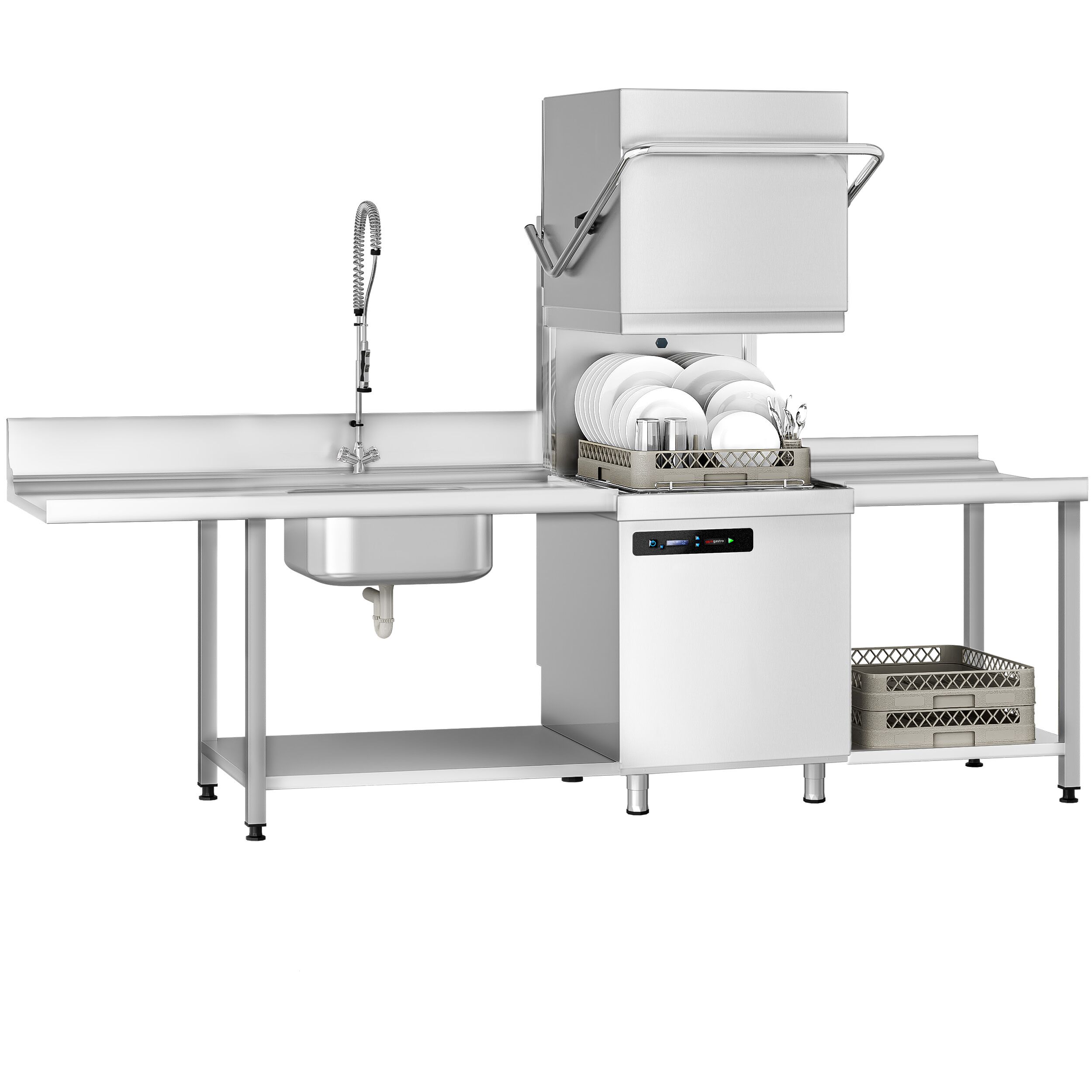 Lave-vaisselle à capot – Numérique – 7,1 kW – avec table d’entrée à gauche et table de sortie à droite incluses – avec pompe de détergent et de rinçage