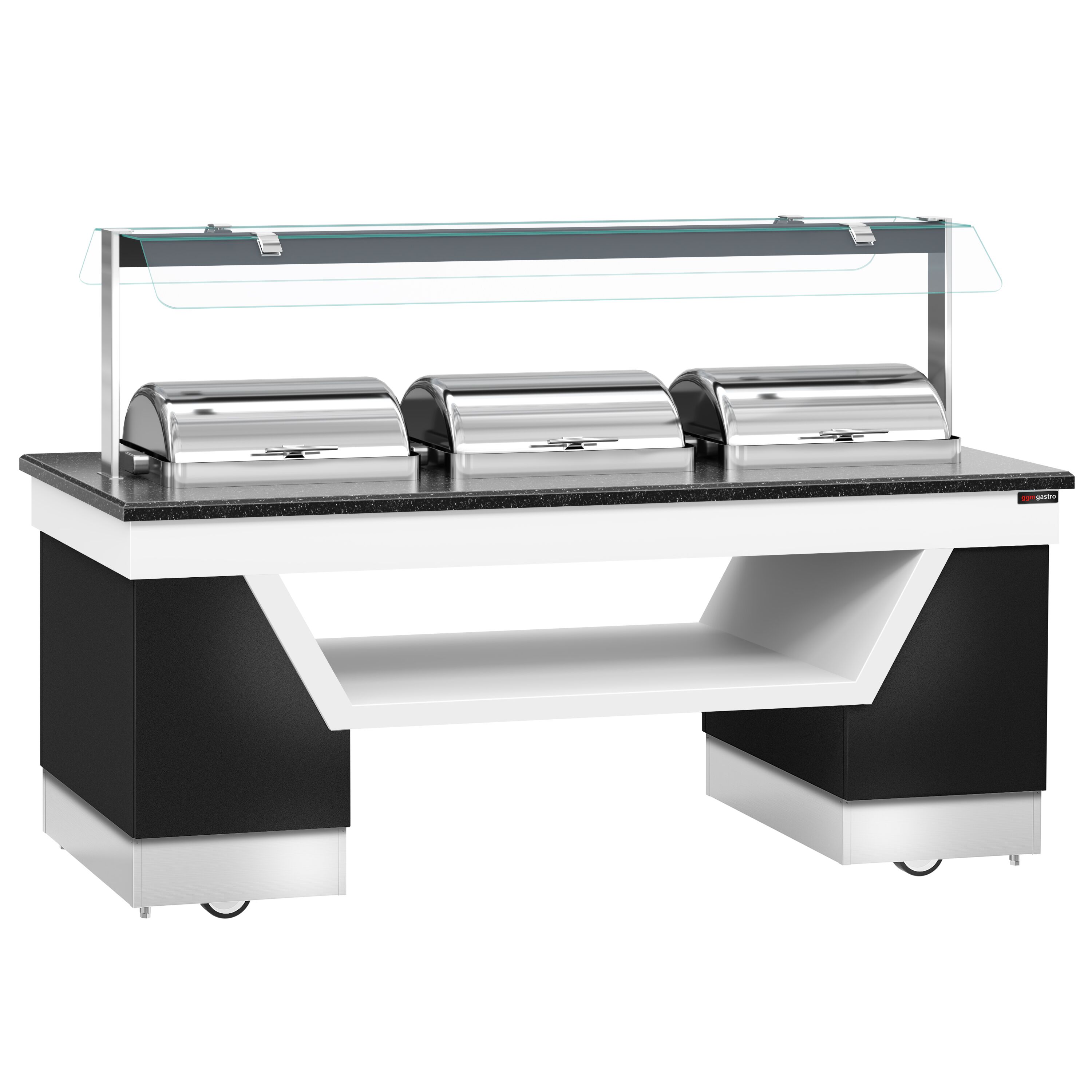 Heated Servery Counter BELFAST - 2300mm - with Hot Plate + Flat Glass Sneeze Guard - on Castors - for 3 Chafing Dishes - Black
