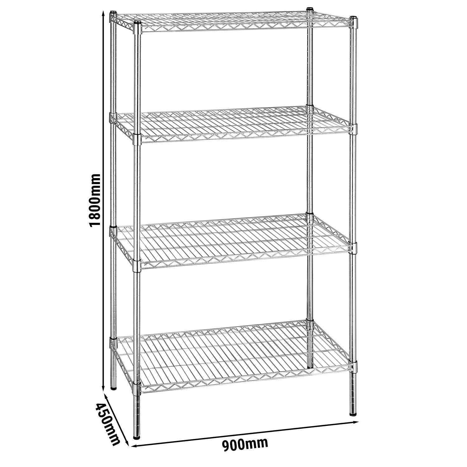 Étagère en acier - 900 x 450 mm - 4 étagères - Chromée
